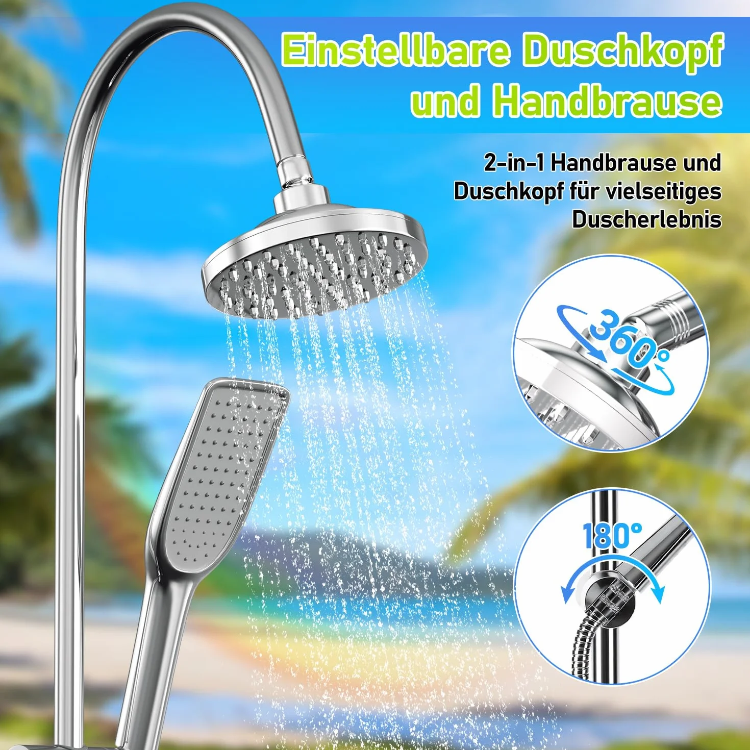 Ducha solar 20 litros, ducha de jardín, agua caliente 60 °C, cabezal giratorio