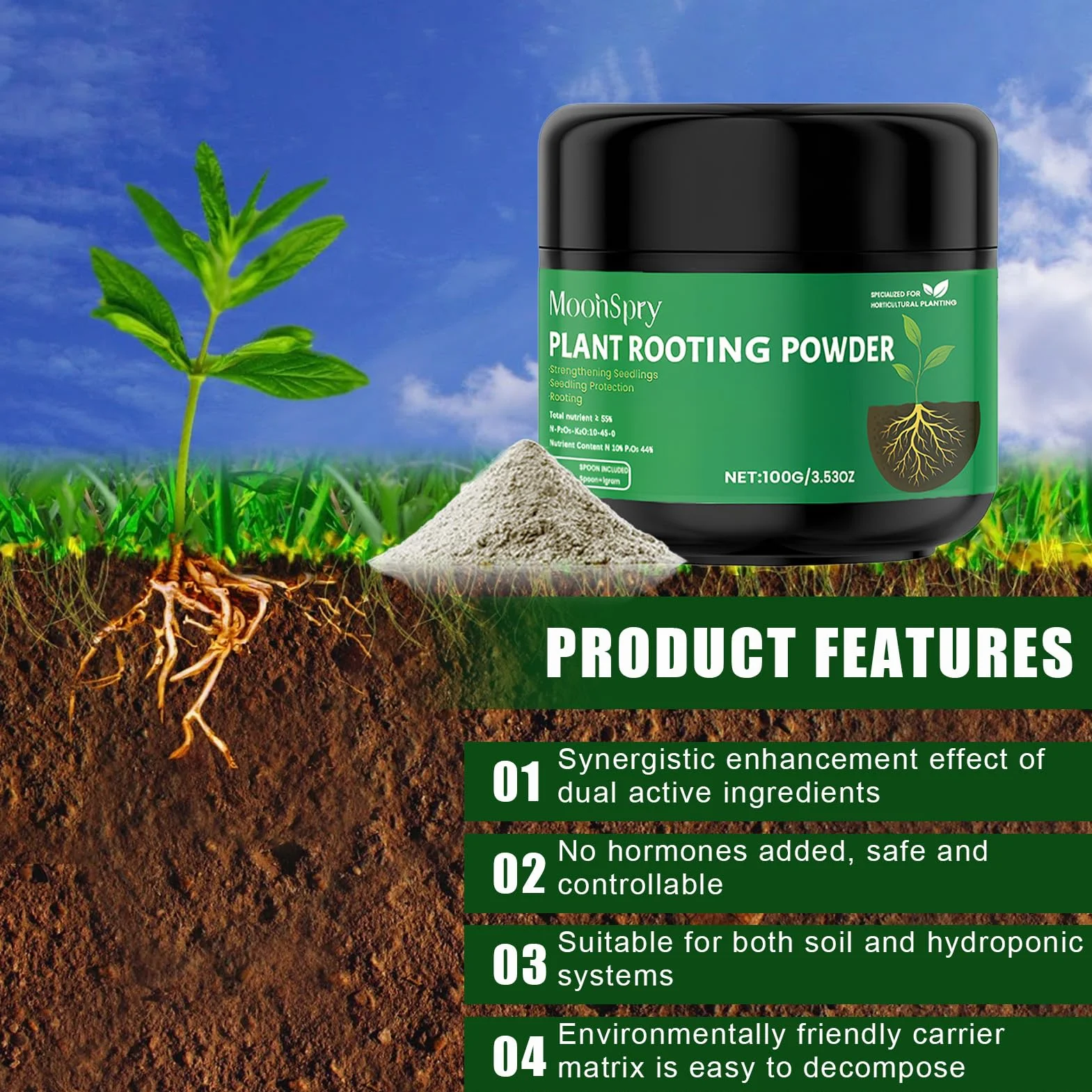 Activador de raíces en polvo rápido 100g con cuchara para esquejes interior y exterior