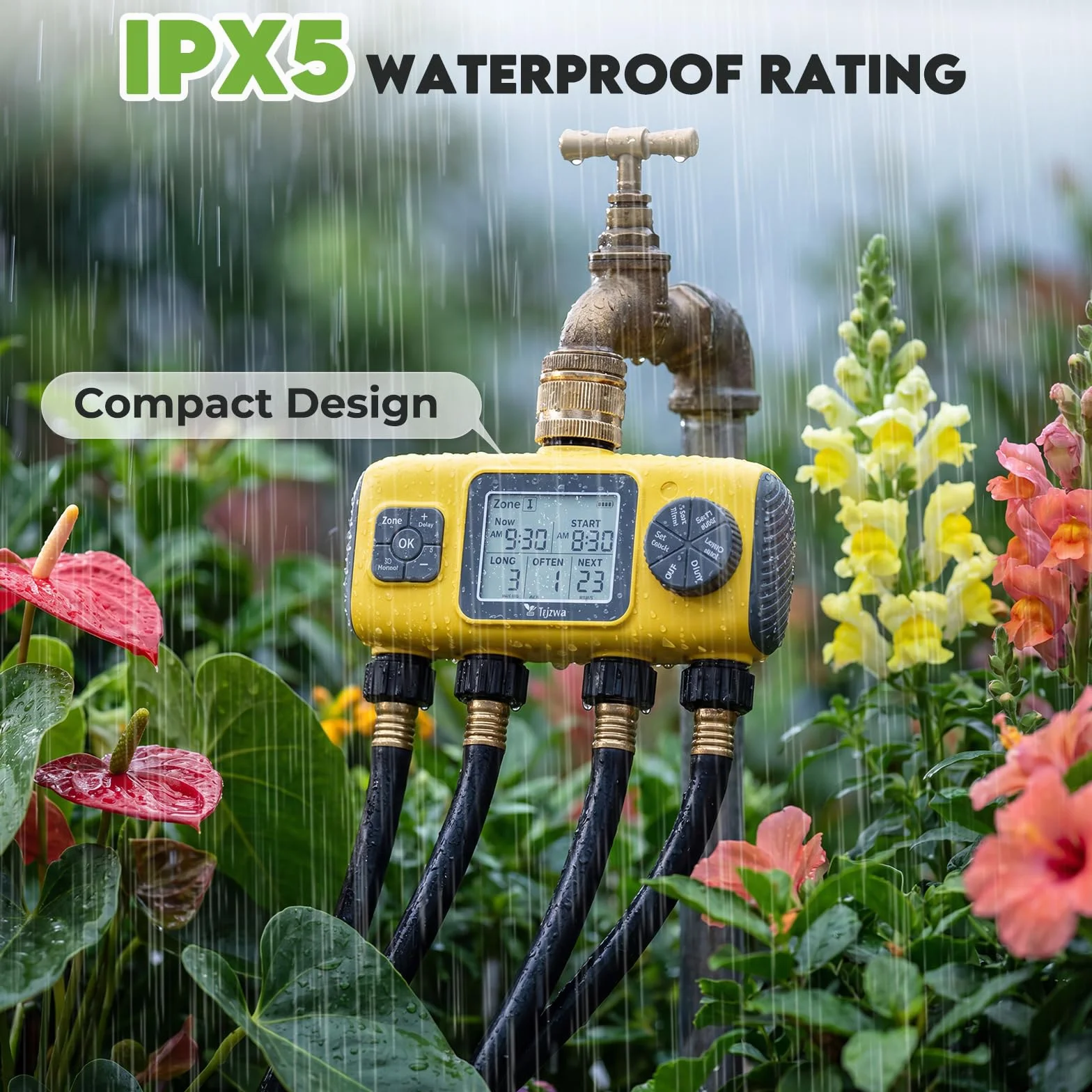 Programador Riego Automático 4 Entradas de Agua, Controlador de Latón con Pantalla LCD, IP65 Impermeable
