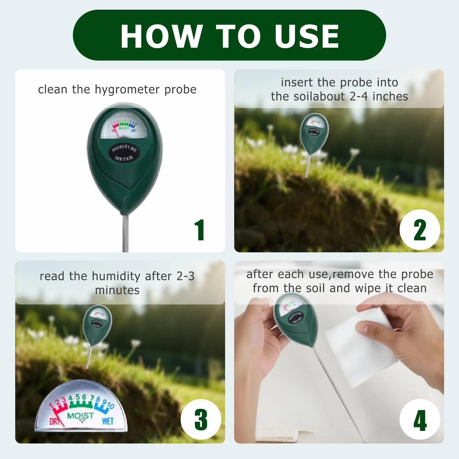 Medidor de Humedad de Suelo, 2 Piezas Sonda Larga, Sensor de Agua, no Necesitan Baterías, Jardín
