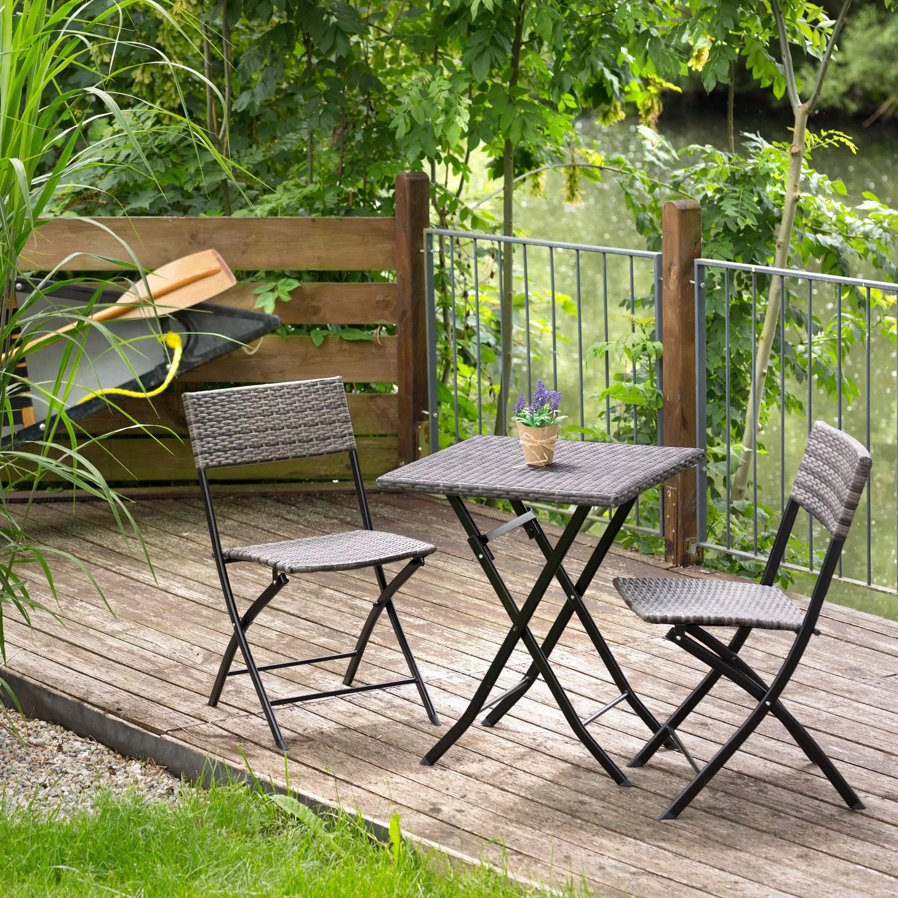 tectake Conjunto Jardín Exterior de Ratán y Acero para 2 Personas, Muebles Resistentes a Intemperie, Plegable, Gris