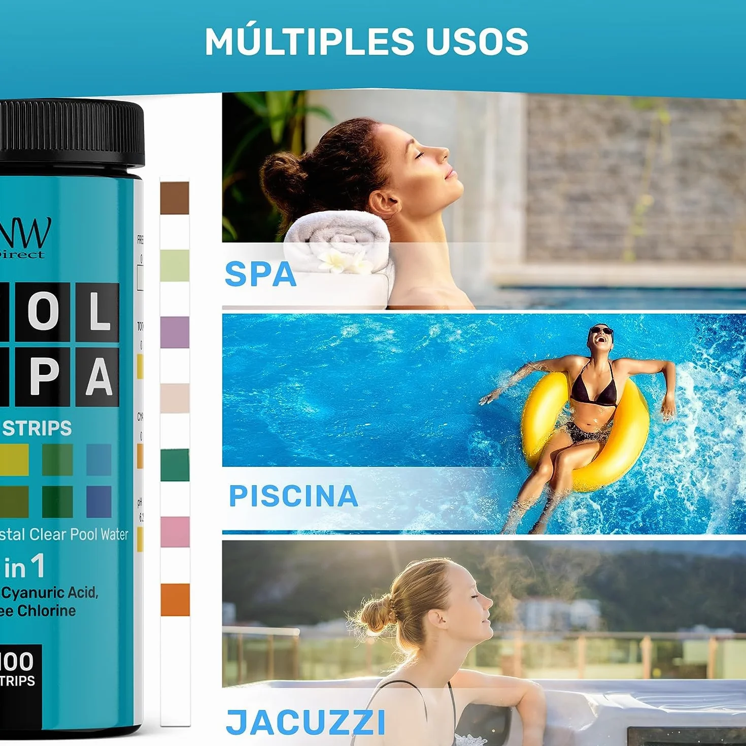 JNW Direct Tiras pH para agua de piscina y spa - Kit analizador de cloro y pH 7 en 1 con eBook