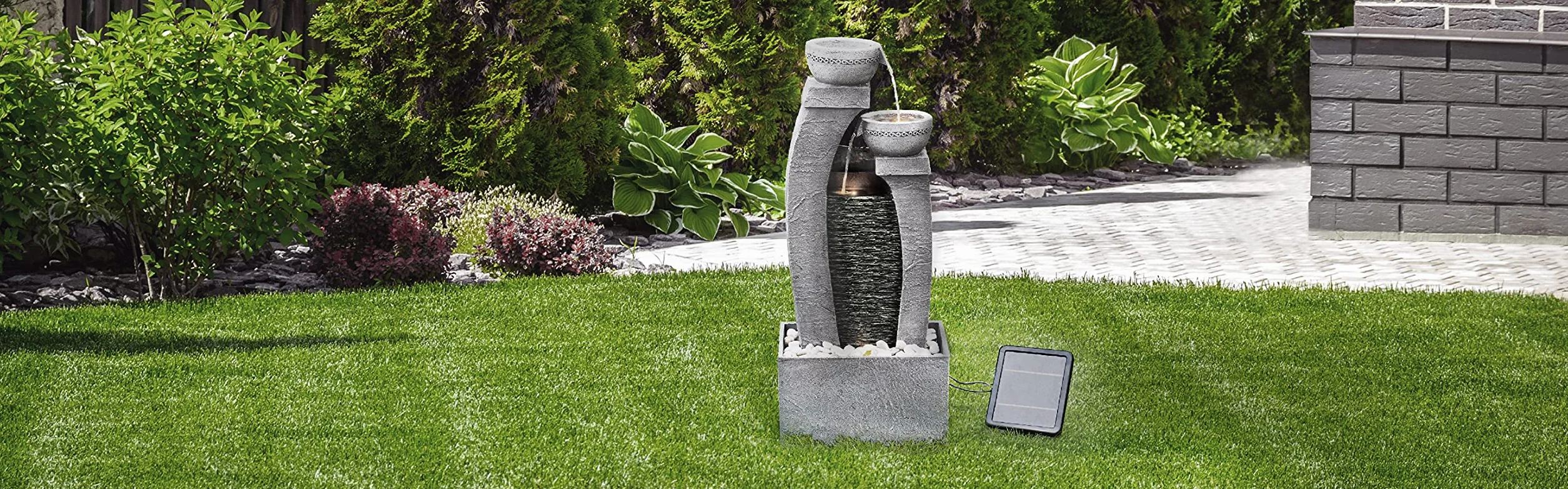 Teamson Home Fuente de Agua Alimentada por Energía Solar con Luces para Jardín y Exteriores, Fuente de Agua en Cascada, Gris Pizarra, Decoración de Interior y Respaldo de Batería