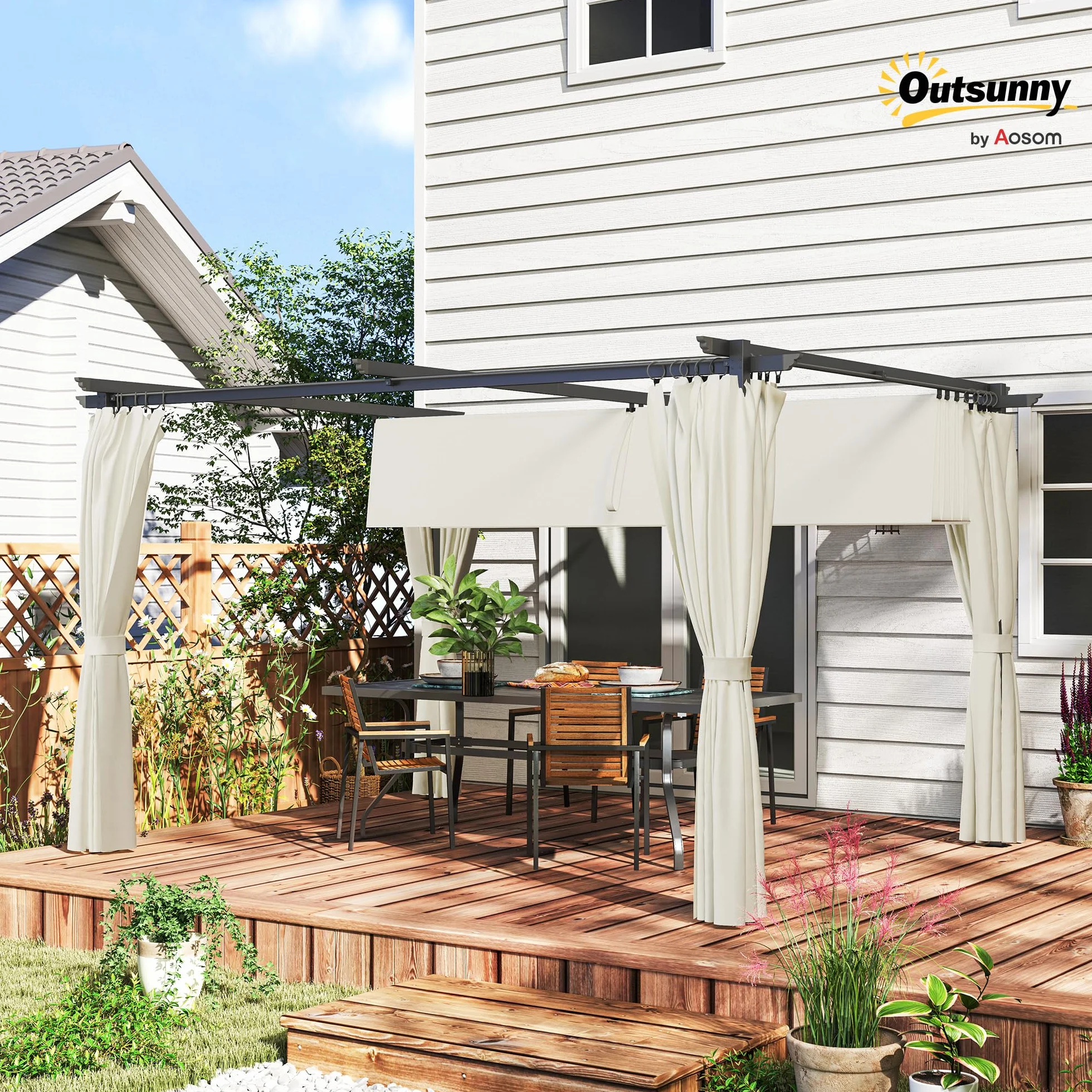 Outsunny Pérgola de Aluminio 4x3 m con Techo Retráctil y Paredes Laterales Anti-UV Resistente al Agua para Jardín
