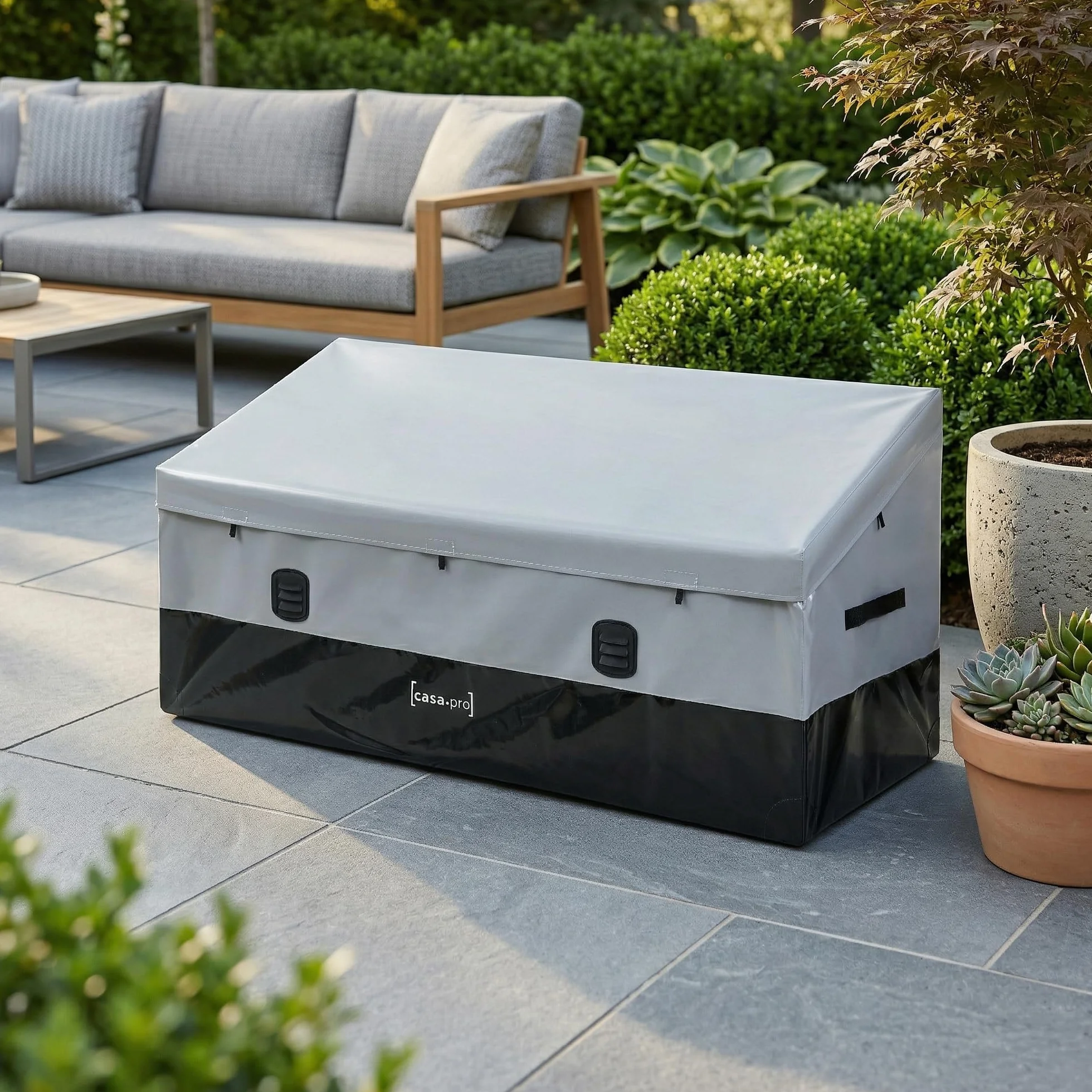 Caja de Almacenamiento Exterior Alanno 560 L Impermeable Lona Poliéster Acero 155x64x75 cm Gris/Negro