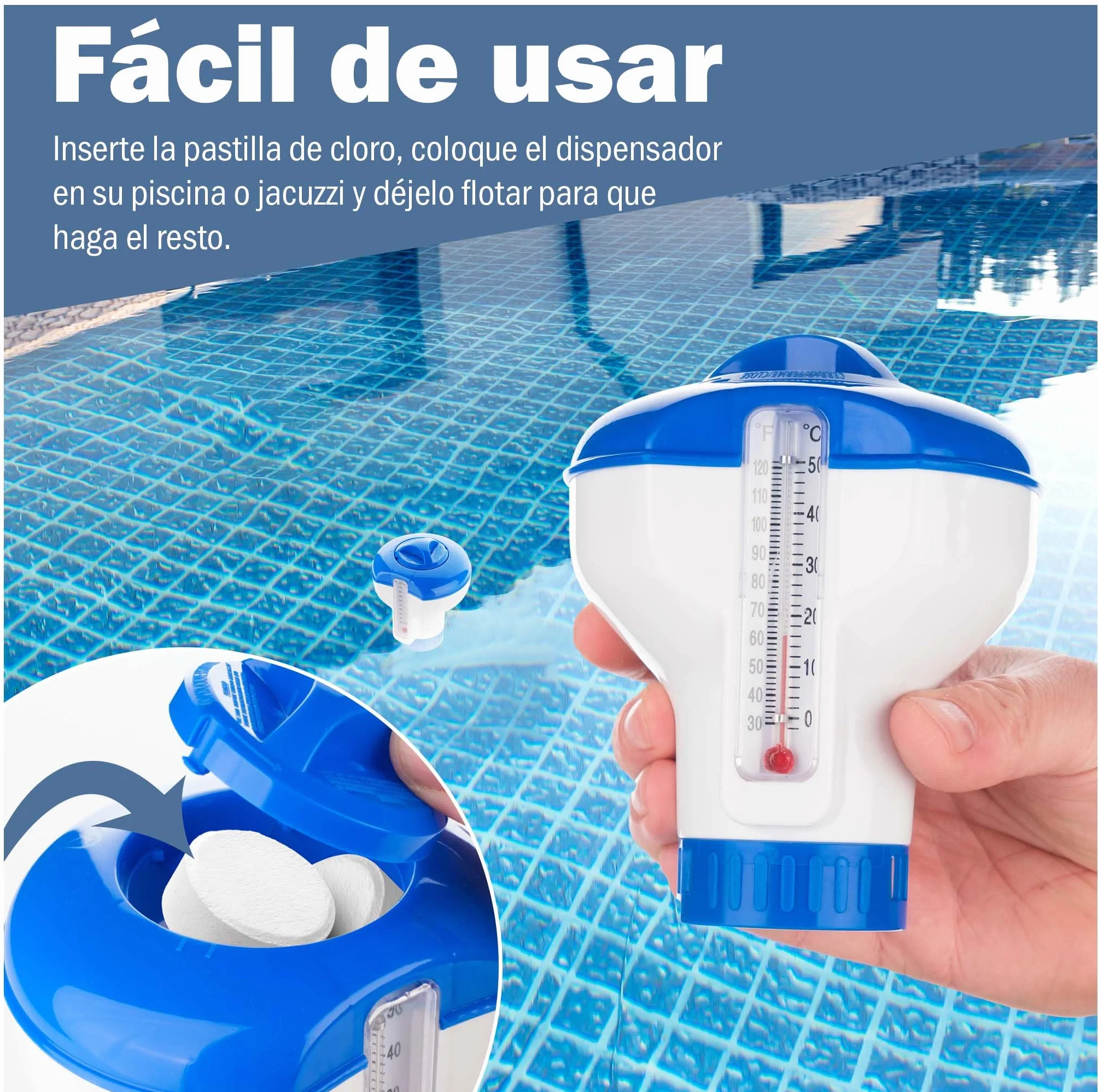 Dispensador de Cloro Flotante con Termómetro Integrado para Piscinas, Jacuzzis y Spas