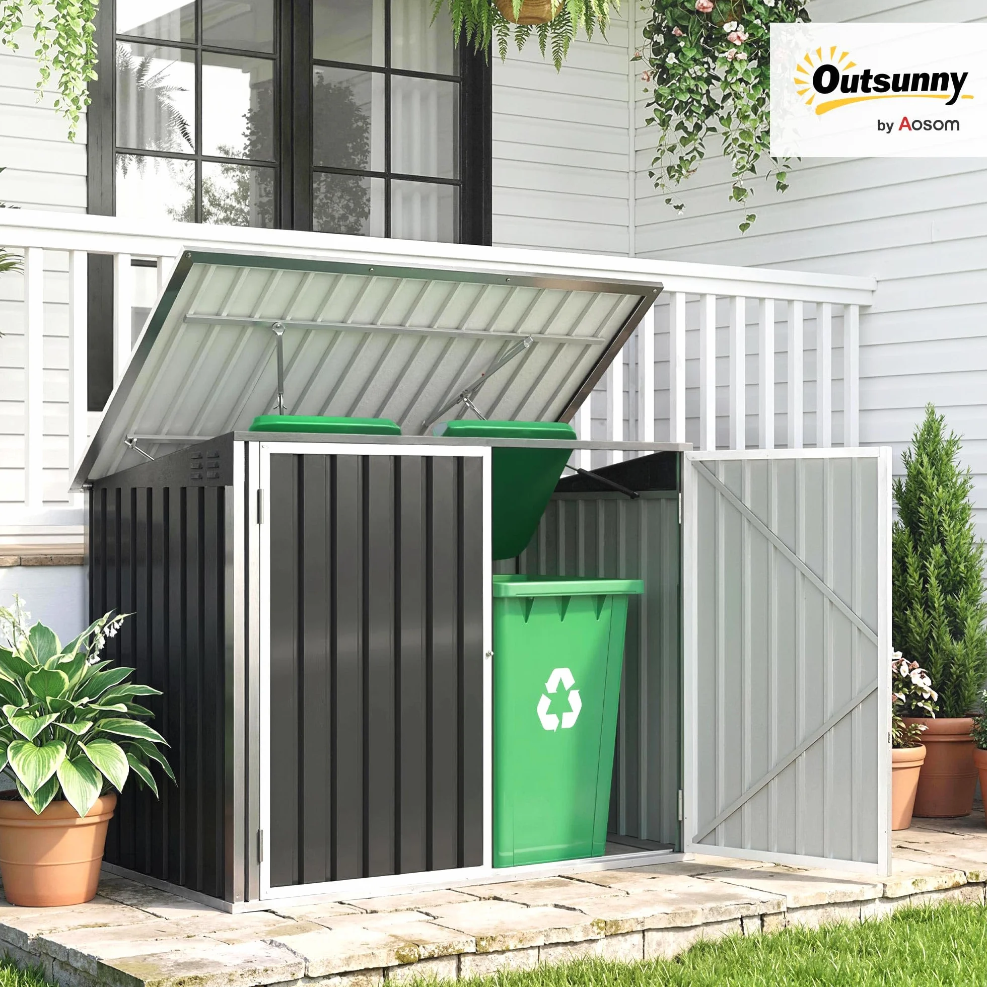 Outsunny Cobertizo para Contenedor de Basura Doble, Acero Galvanizado, 179.5x108x129.5 cm, Gris Oscuro