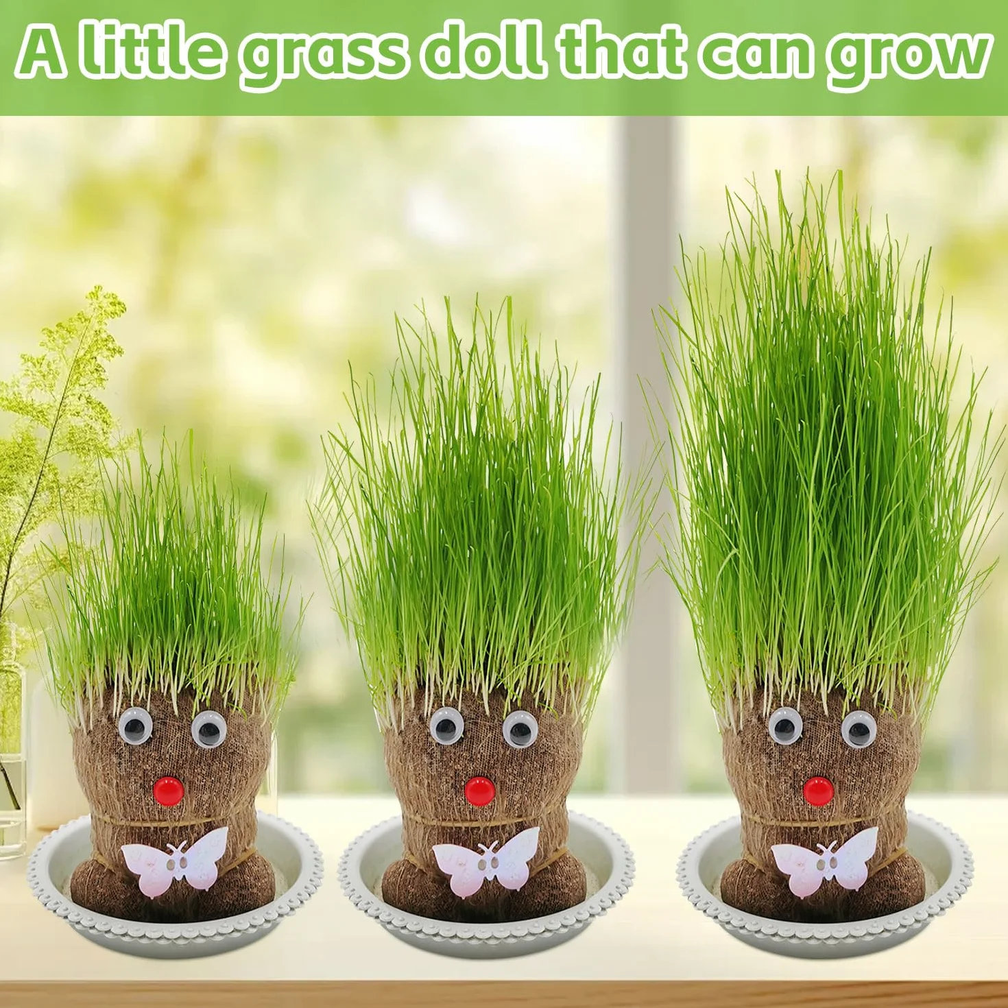 Planta De Muñeca con Cabeza De Hierba En Crecimiento, Mini Bonsai en Macetas con Bandeja (M3)