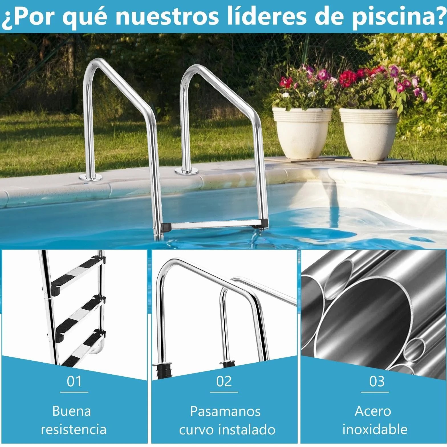 SOARS Escalera Piscina Acero Inoxidable 3 Peldaños 150 kg 53x63x147 cm