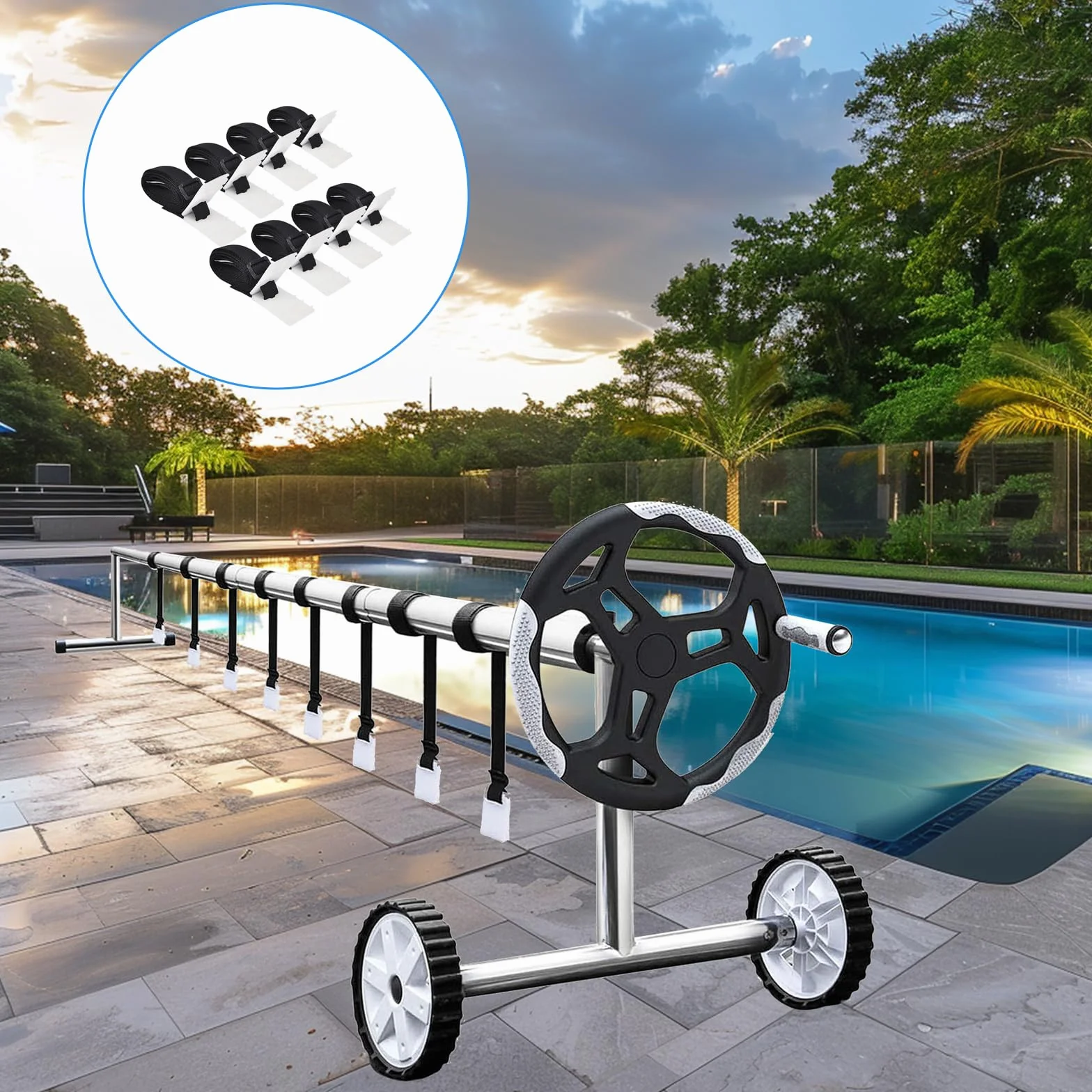 Bandas de sujeción para piscina, juego de 8 con pinzas y hebillas, enrollador y cubierta