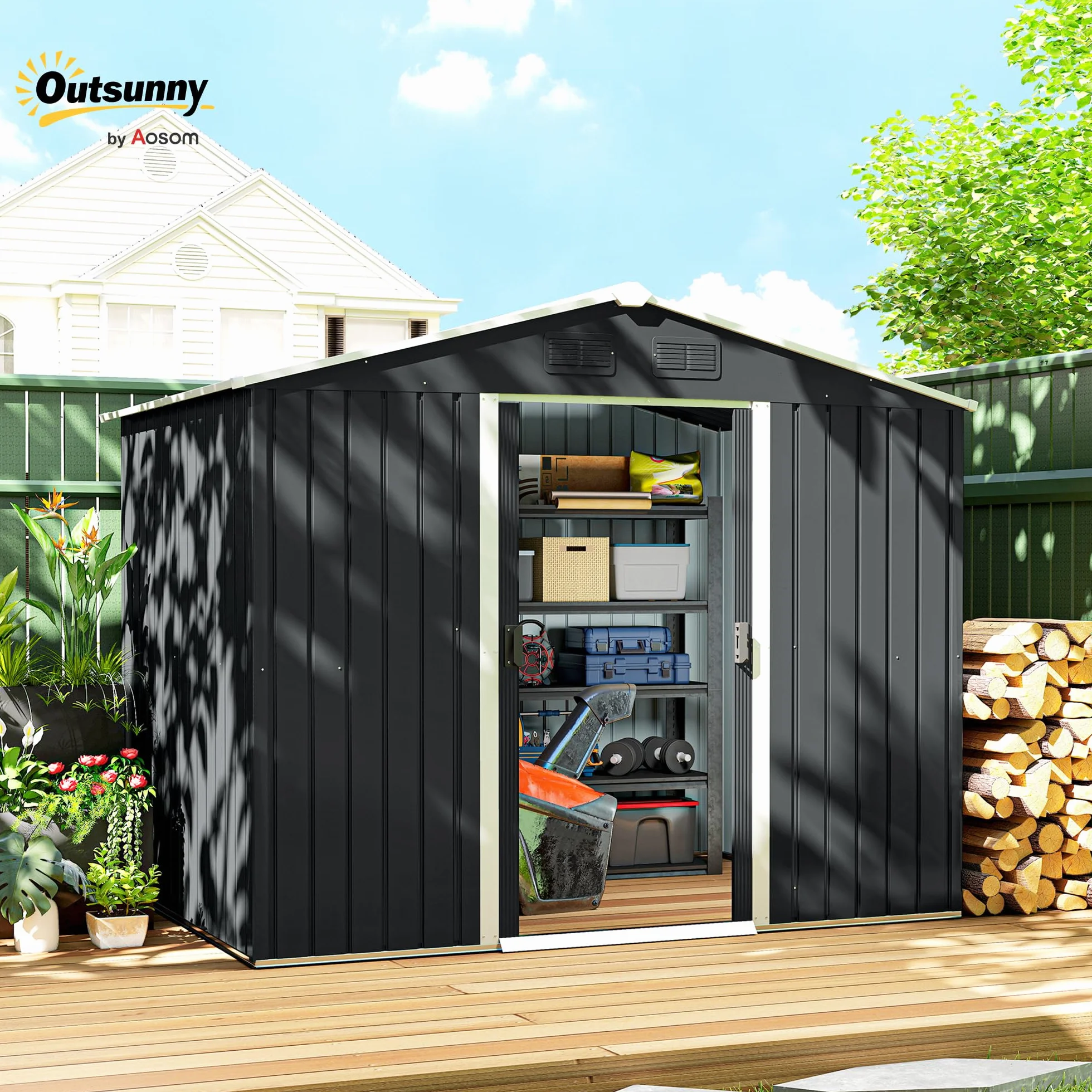 Outsunny Caseta de Jardín Exterior 3,6 m², 236x174x190 cm, Cobertizo Metálico con Puertas Correderas