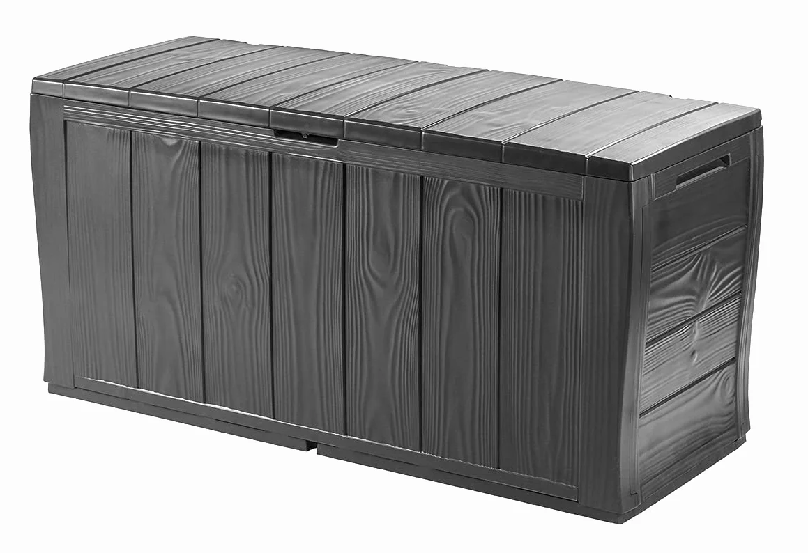 Keter Baúl de resina efecto madera con ruedas y cerradura, 117 x 45 x 57,5 cm, 270 L, Gris Grafito