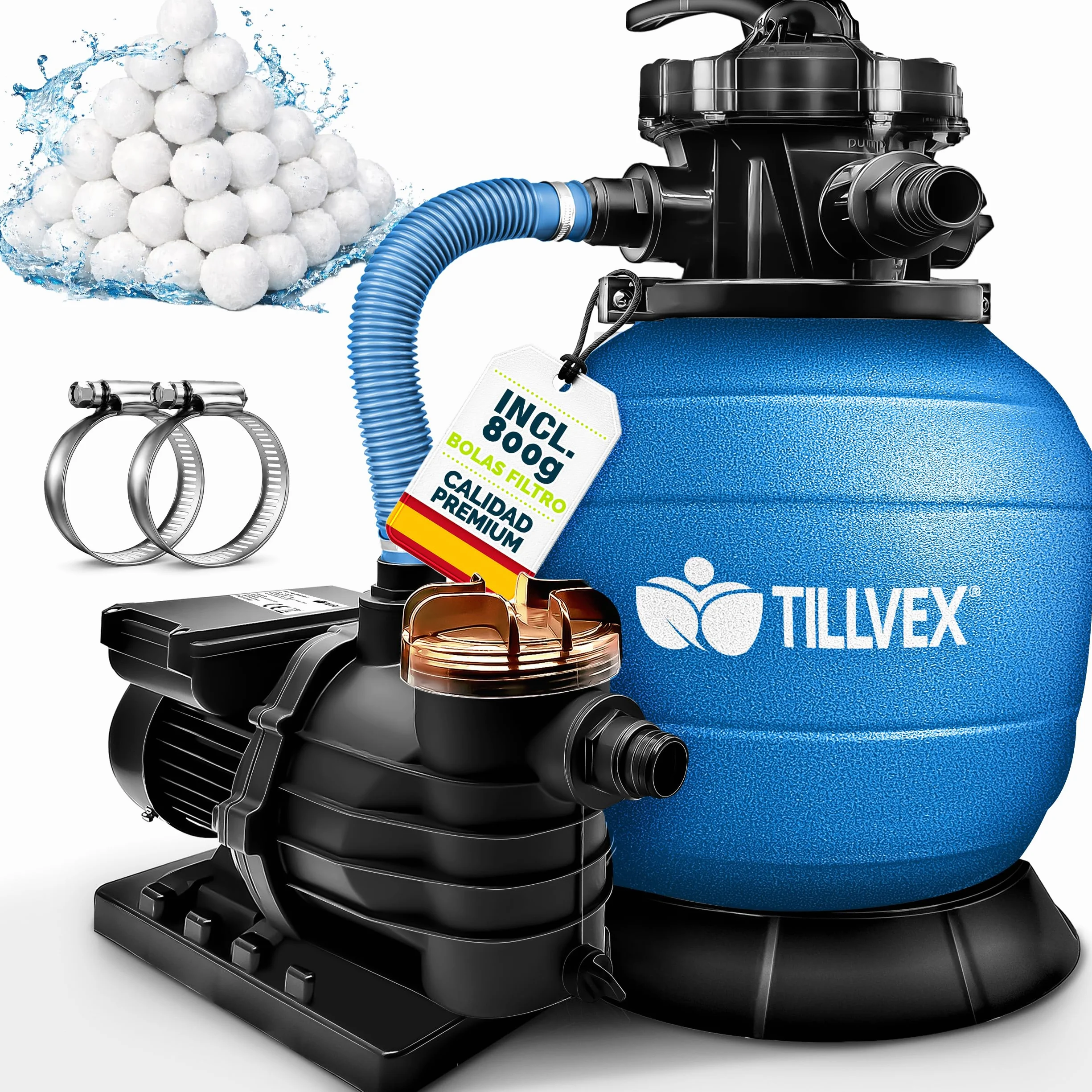 Tillvex Depuradora de Agua para Piscina 10 m³/h Bomba de Filtro de Arena con Válvula Azul