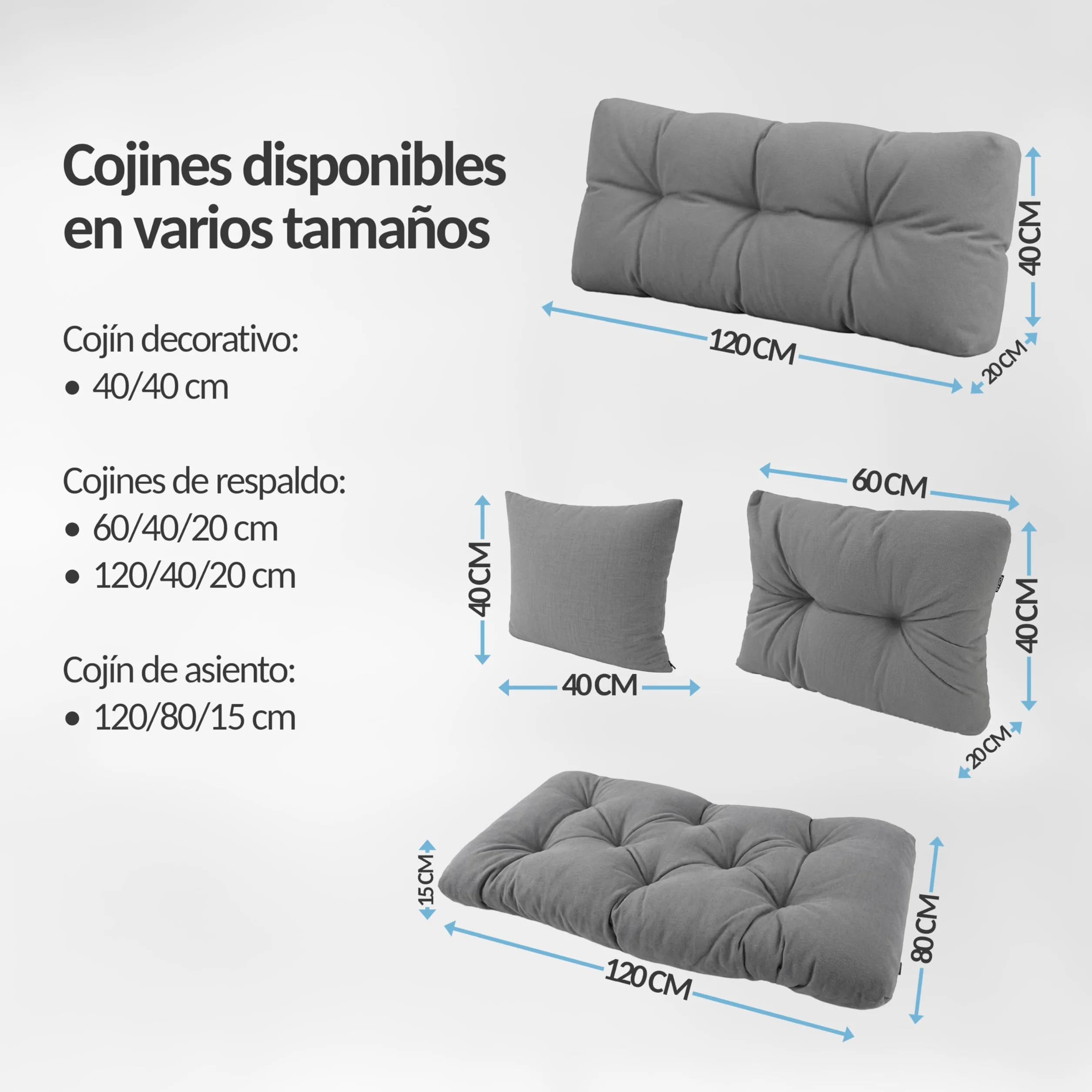 POKAR Set de 2 Cojines para Palets Impermeable 120x80 + 120x40 Gris Oeko-Tex