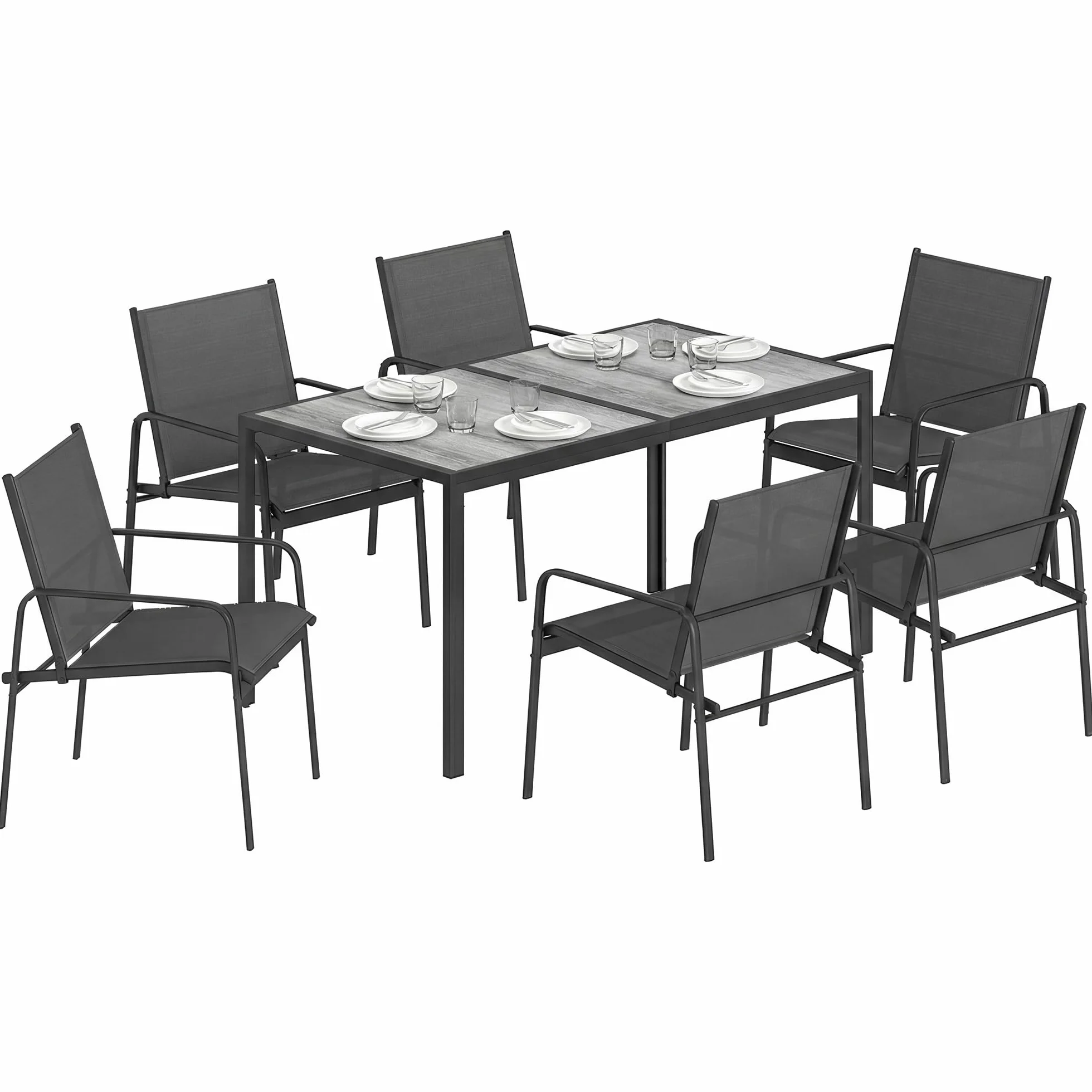 Outsunny Conjunto de Mesa y Sillas Jardín de 7 Piezas, Muebles de Jardín Exterior con Mesa de Efecto Madera y 6 Sillas con Asiento Transpirable, Marco de Acero Galvanizado, para Terraza, Patio, Negro