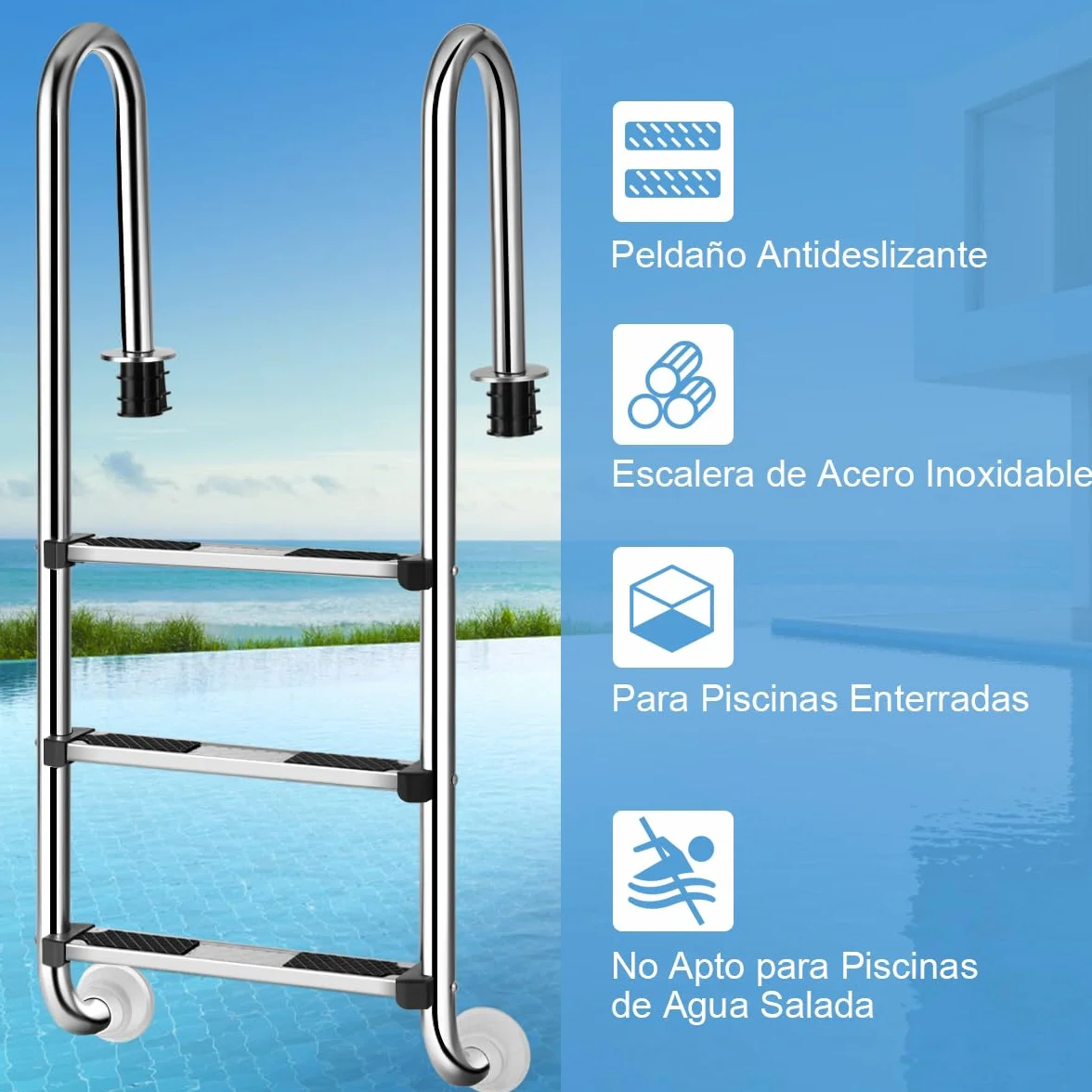 GOPLUS Escalera de Piscina Acero Inoxidable 3 Peldaños Antideslizante 150 kg 135x50x26 cm