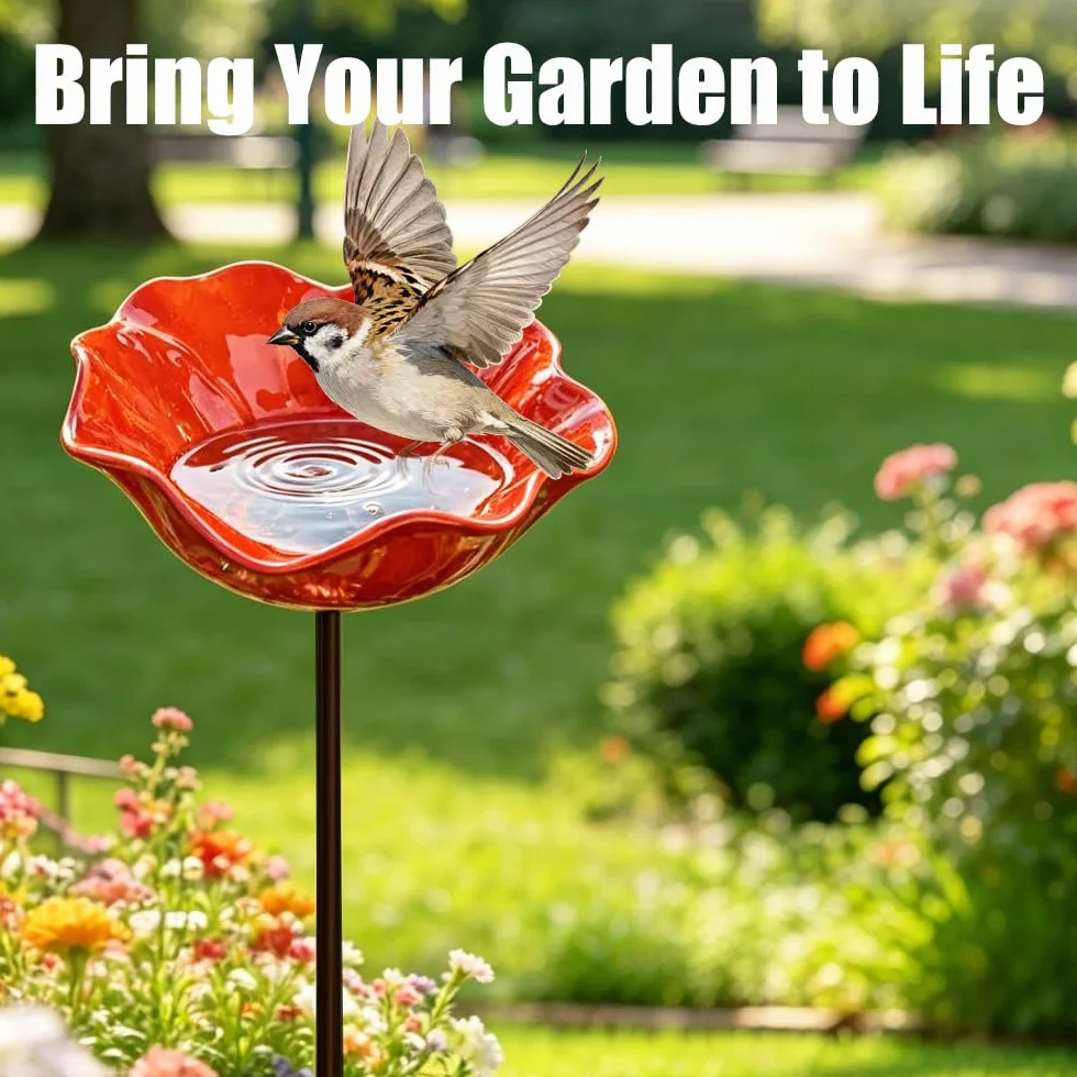 Bebedero para Pájaros de Pie, Baño para Pájaros Exterior, Comedero Forma de Flor, Metal para Jardín (Rojo)