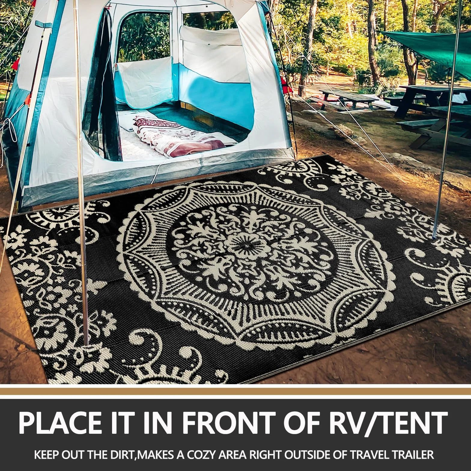 Alfombra para exteriores impermeable 5x8 pies negra y marrón reversible bohemia floral con bolsa de transporte