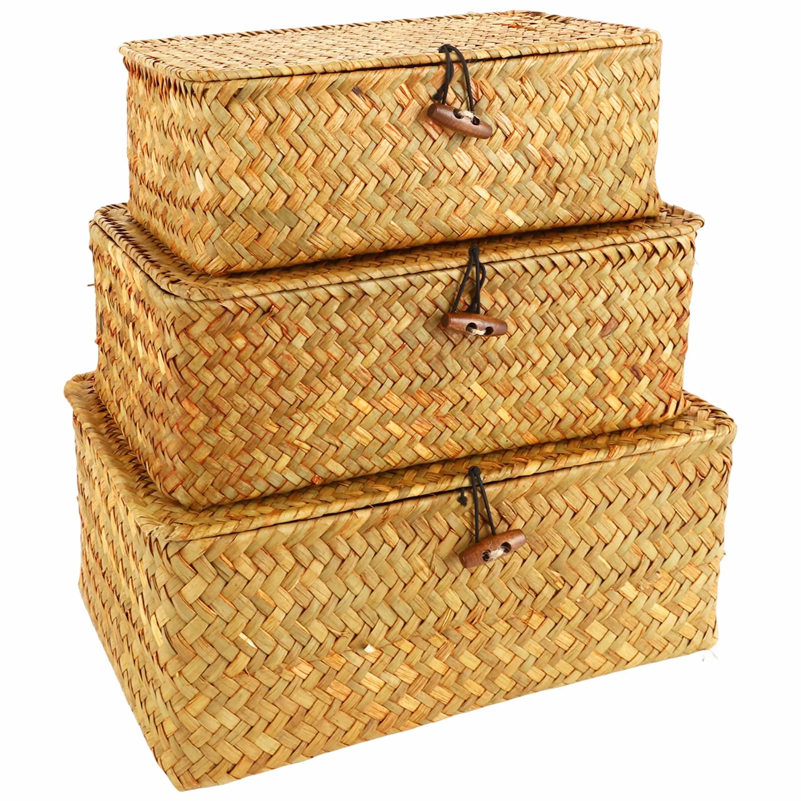 APACALI Juego de 3 cestas de almacenamiento de ratán con tapa, cesta rectangular de algas marinas naturales para estanterías