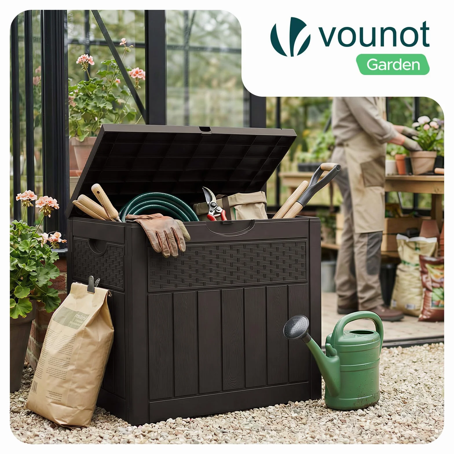 VOUNOT Arcón Exterior 126L PP Baúl Almacenaje con Tapa Bloqueable Impermeable 56x43x53 cm Marrón