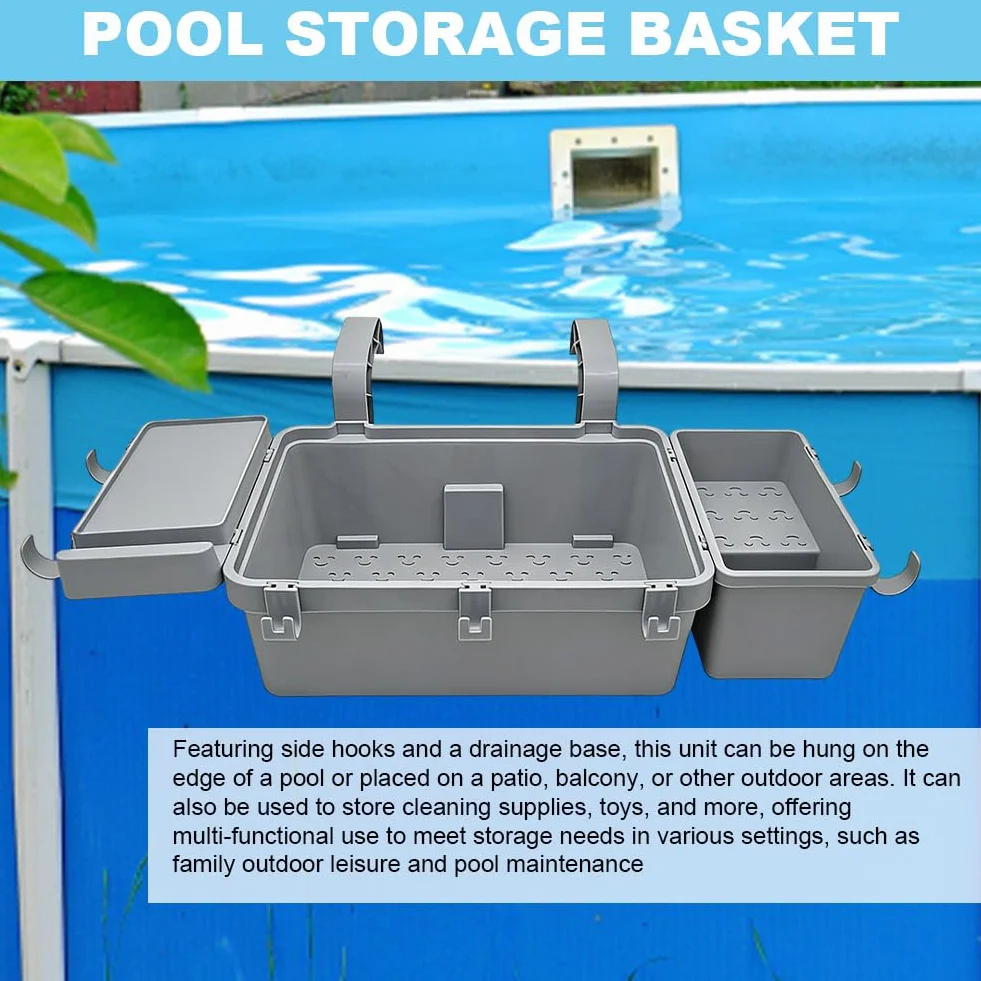 Juego de cesta de almacenamiento para piscina con soporte para bebidas y ganchos