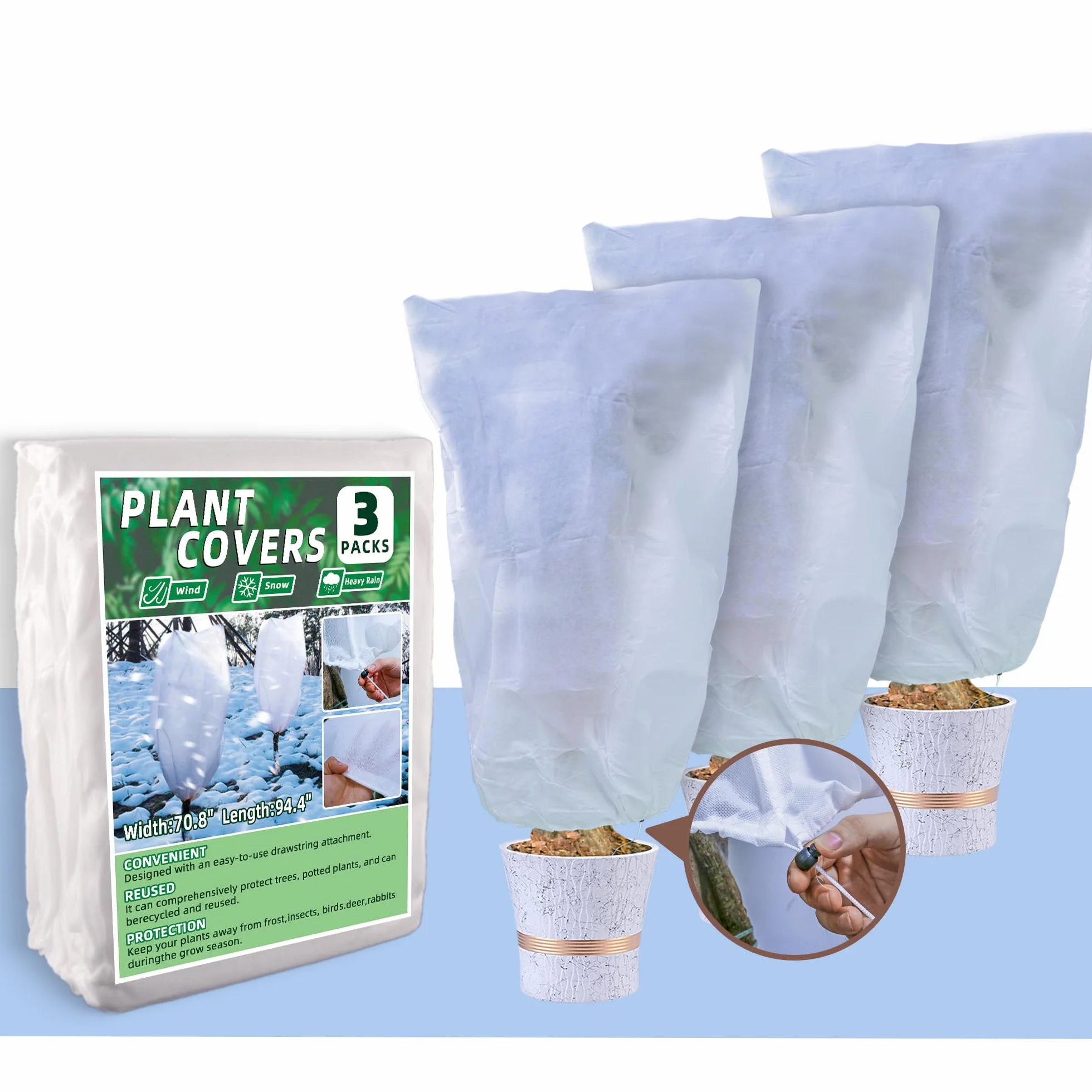 Paquete de 3 cubiertas para plantas de 2.2 onzas, protección contra la congelación, 94.2 x 70.8 pulgadas, tela contra heladas, protección contra la congelación de plantas, chaqueta de arbustos con