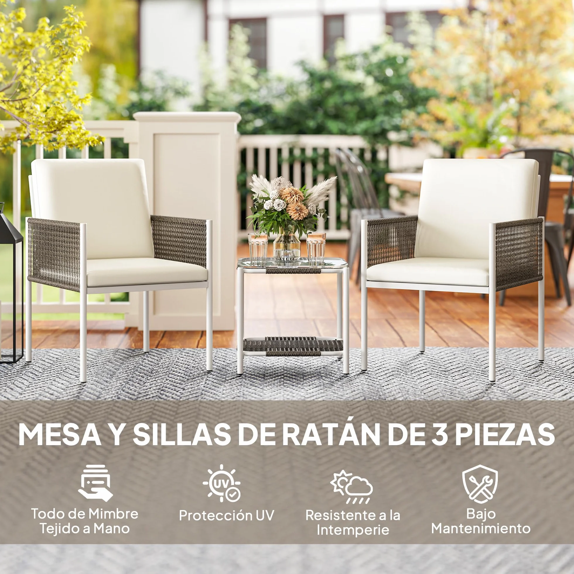 Outsunny Conjunto de Jardín 3 Piezas Mesa y 2 Sillas Ratán con Encimera Vidrio Cojines Acolchados Marrón Crema