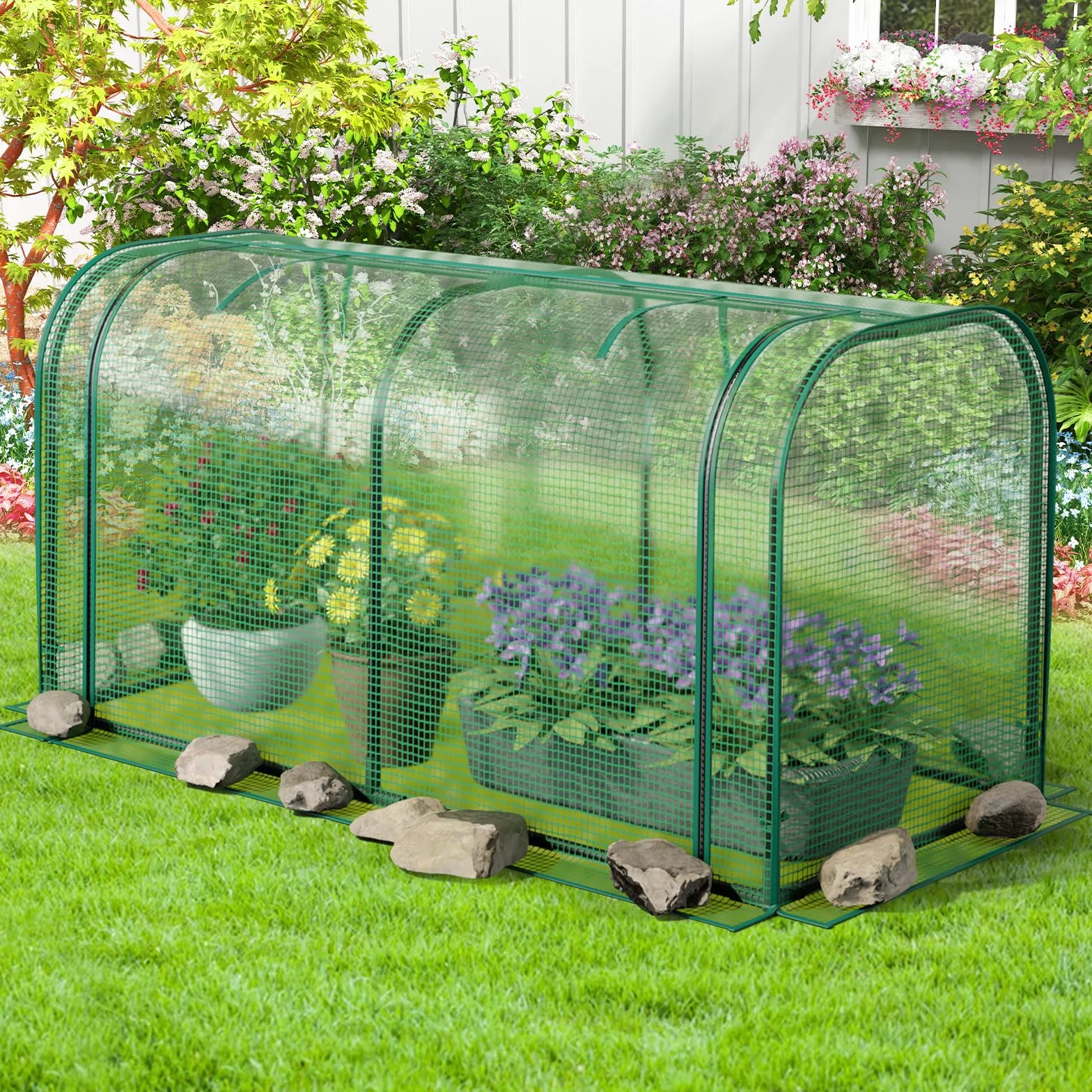 GOPLUS Mini Invernadero Portátil, 118 x 55 x 60 cm, Invernadero Exterior con Puerta Enrollable, Estacas de Tierra, Estructura de Metal, Cubierta PE Impermeable, para Verduras Flores Plantas (Verde)
