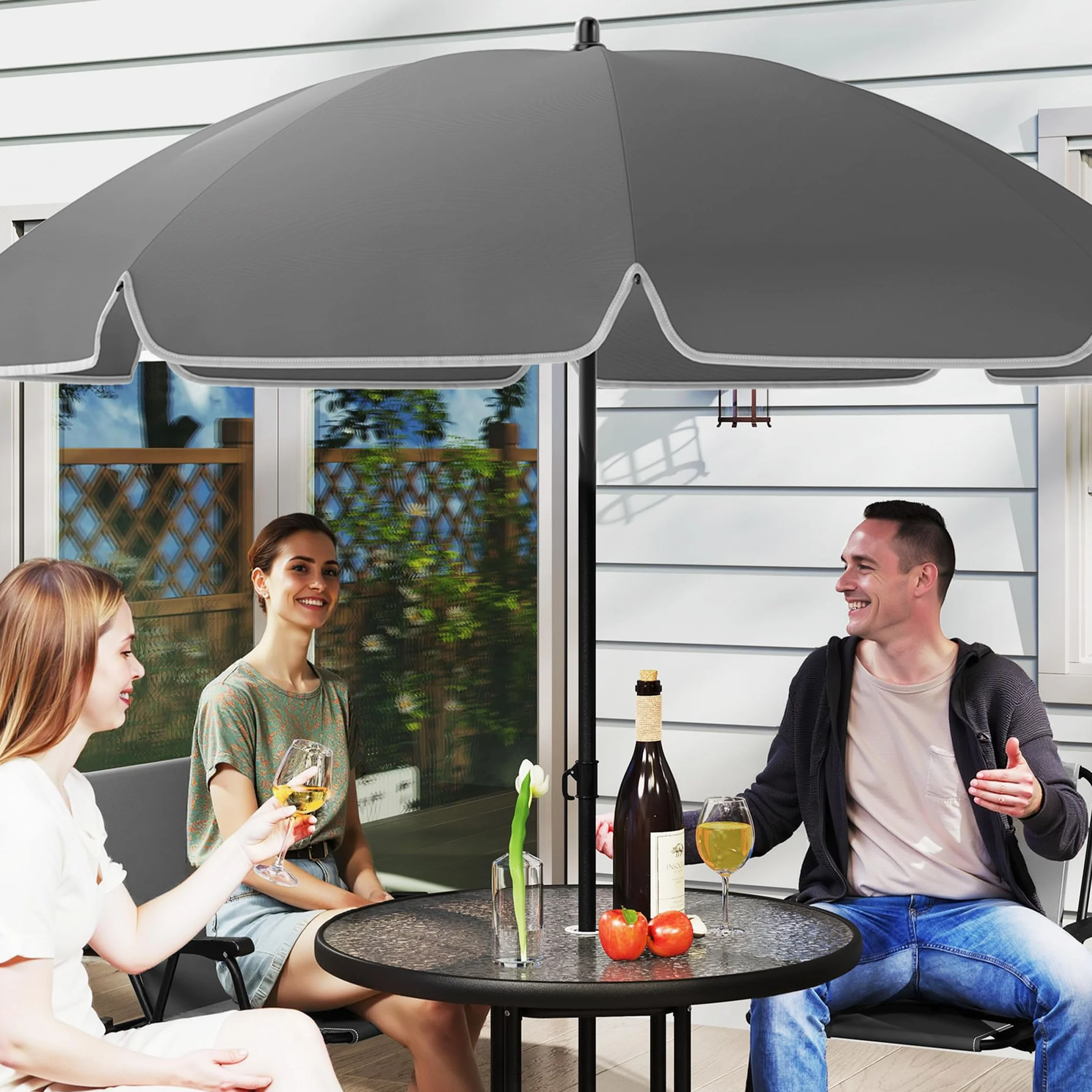 Outsunny Conjunto de Mesa y Sillas Jardín de 6 Piezas Muebles de Jardín Exterior con 4 Sillas Plegables Mesa de Vidrio y Sombrilla para Terraza Patio Gris