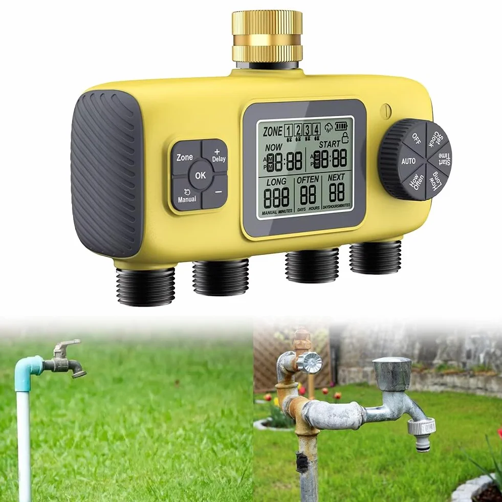 Temporizador automático de riego de jardín de 4 vías, para controlador de riego roscado BSP de 3/4 pulgadas con pantalla LCD para el cuidado de plantas al aire libre