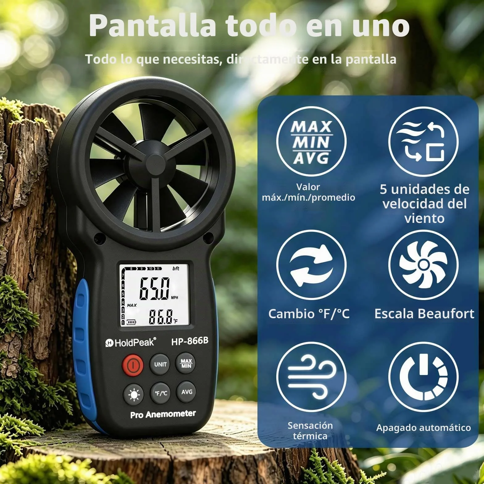 HoldPeak Anemómetro Digital HP-866B de Mano Medición Velocidad Viento Temperatura LCD