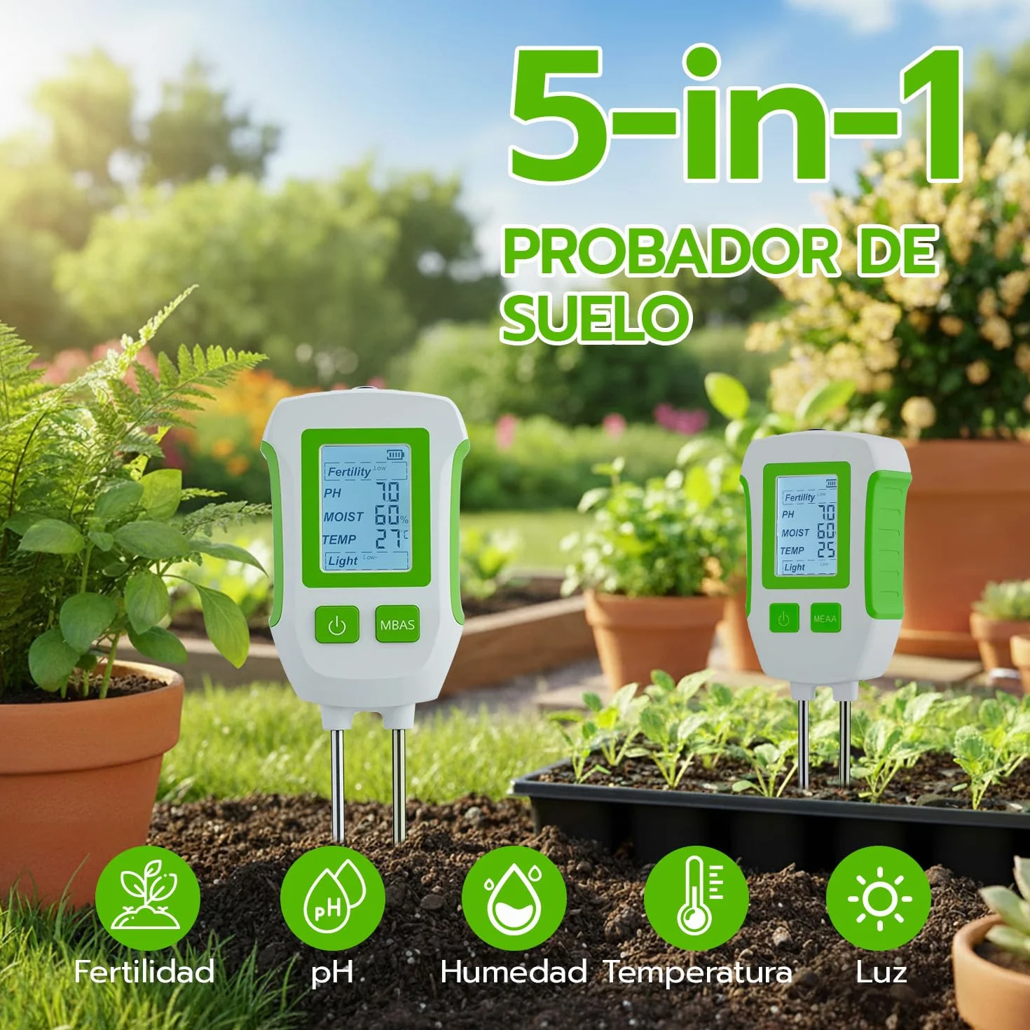 Mcbazel Medidor de Suelo 5 en 1, Analizador de pH, Humedad, Temperatura y Luz con Sonda Dual, Pantalla LCD