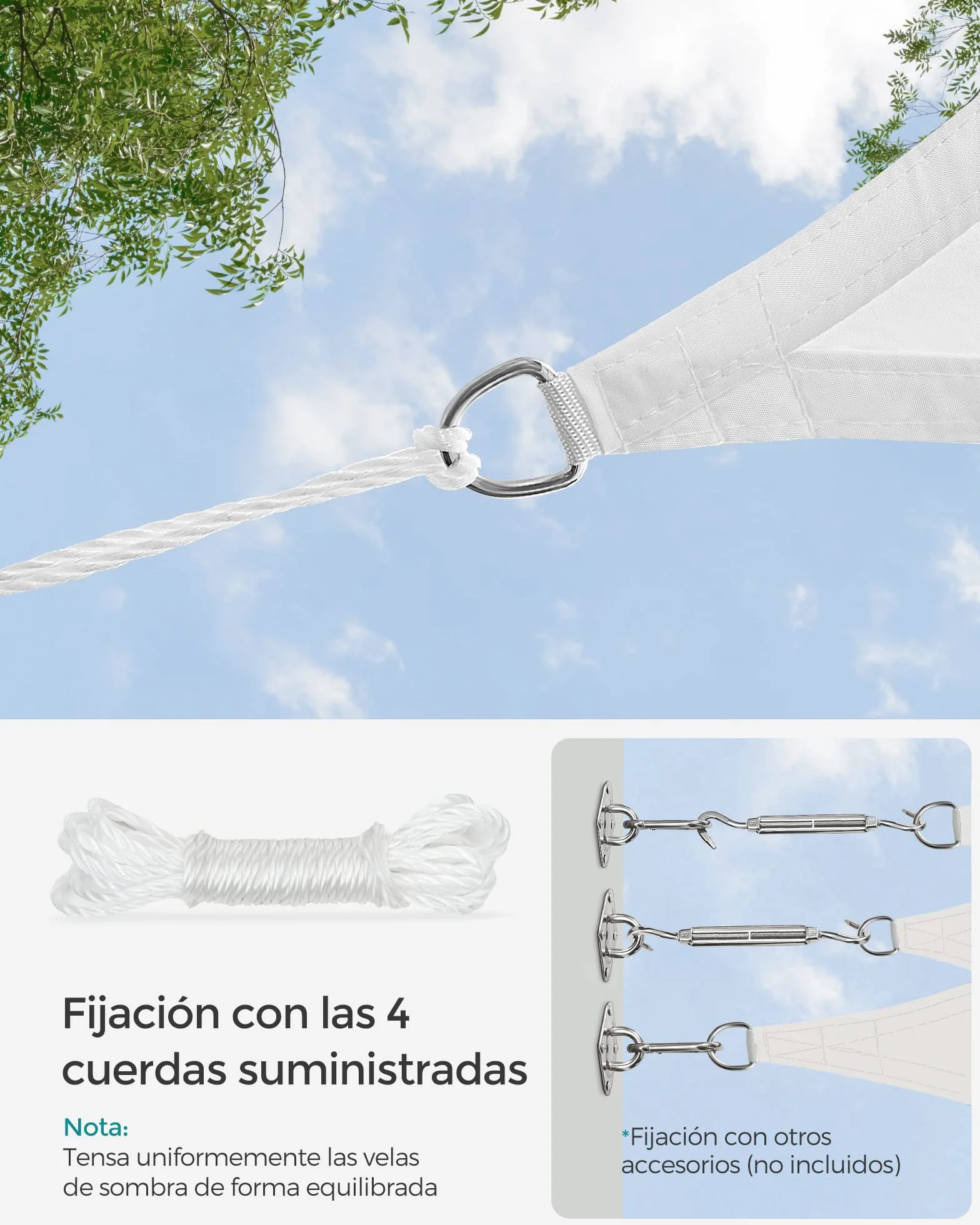 SONGMICS Vela de Sombra Impermeable 2 x 3 m, Protección Solar UV 93%, Rectangular, Blanco GSH23WT
