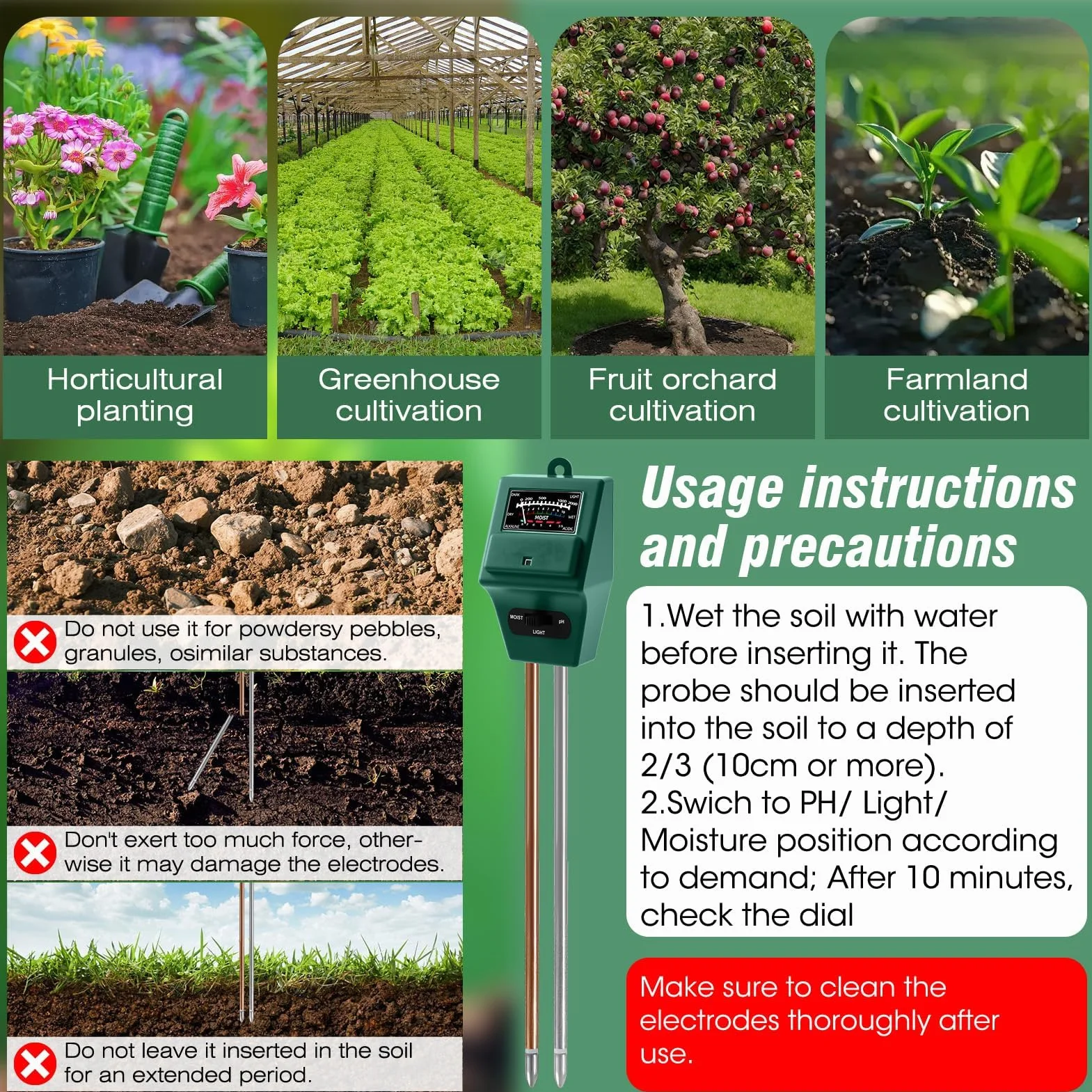 Medidor de Humedad y pH de Suelo, Higrómetro Sensor de Luz Preciso para Plantas Interior y Exterior