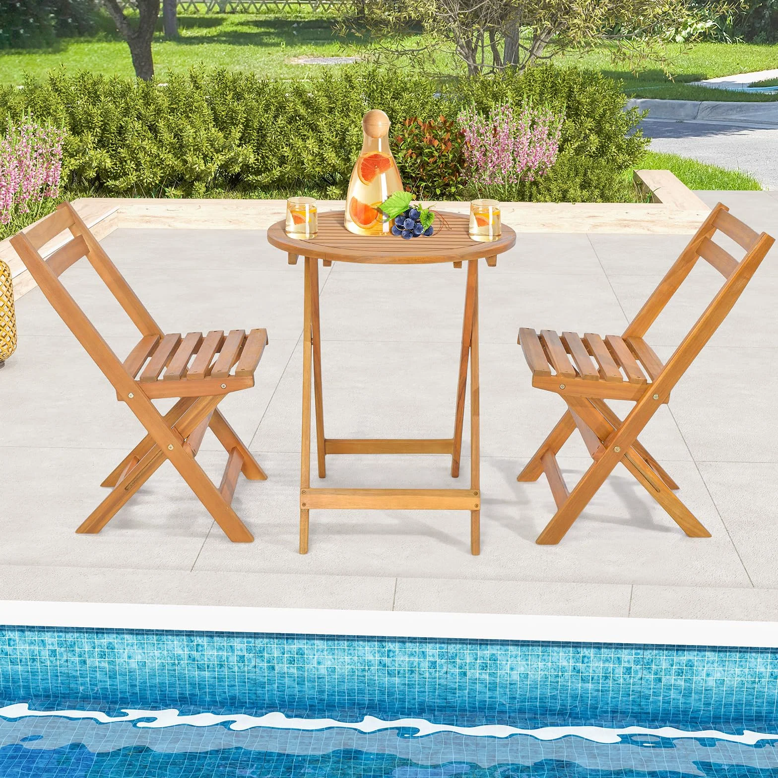COSTWAY Conjunto Mesa y Sillas Jardin, Mesa Redonda y 2 Sillas Plegables de Madera de Acacia para Exterior