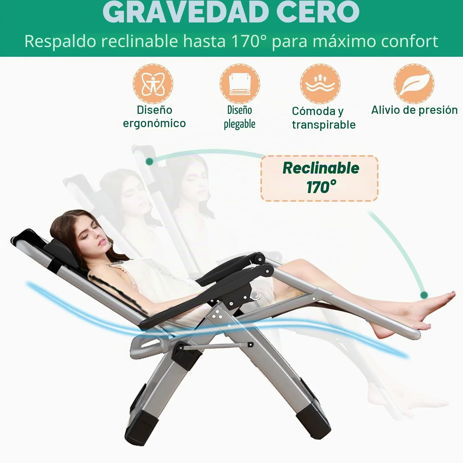 Tumbona plegable para el sol, silla de terraza, con capacidad de carga de 200 kg, silla de gravedad cero con soporte de cojín, portavasos, tumbona de jardín extraancha ajustable para patio