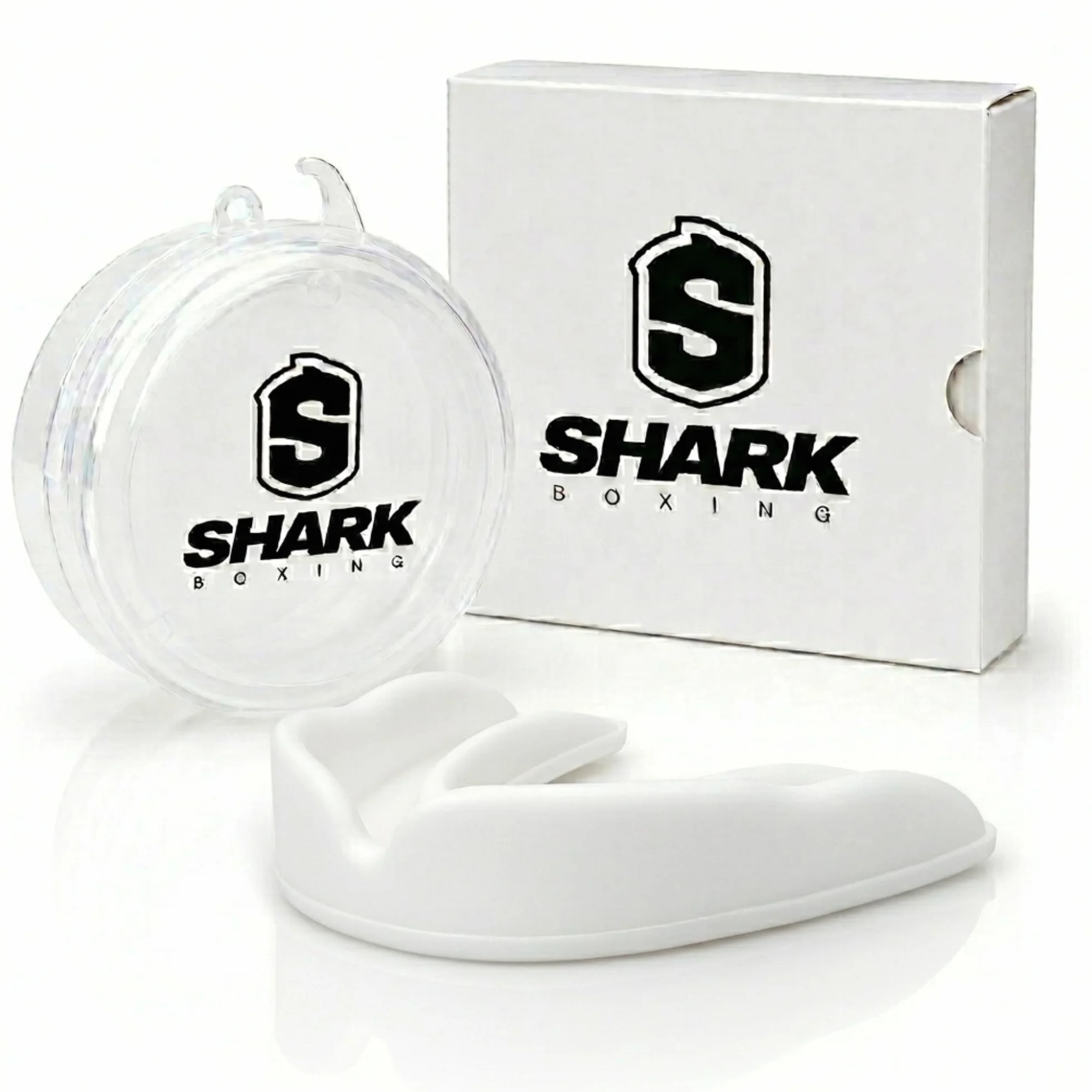 SHARK BOXING Protector Bucal Boxeo MMA Muay Thai con Caja Ajuste Personalizado Boil & Bite 100% Moldeable Transparente