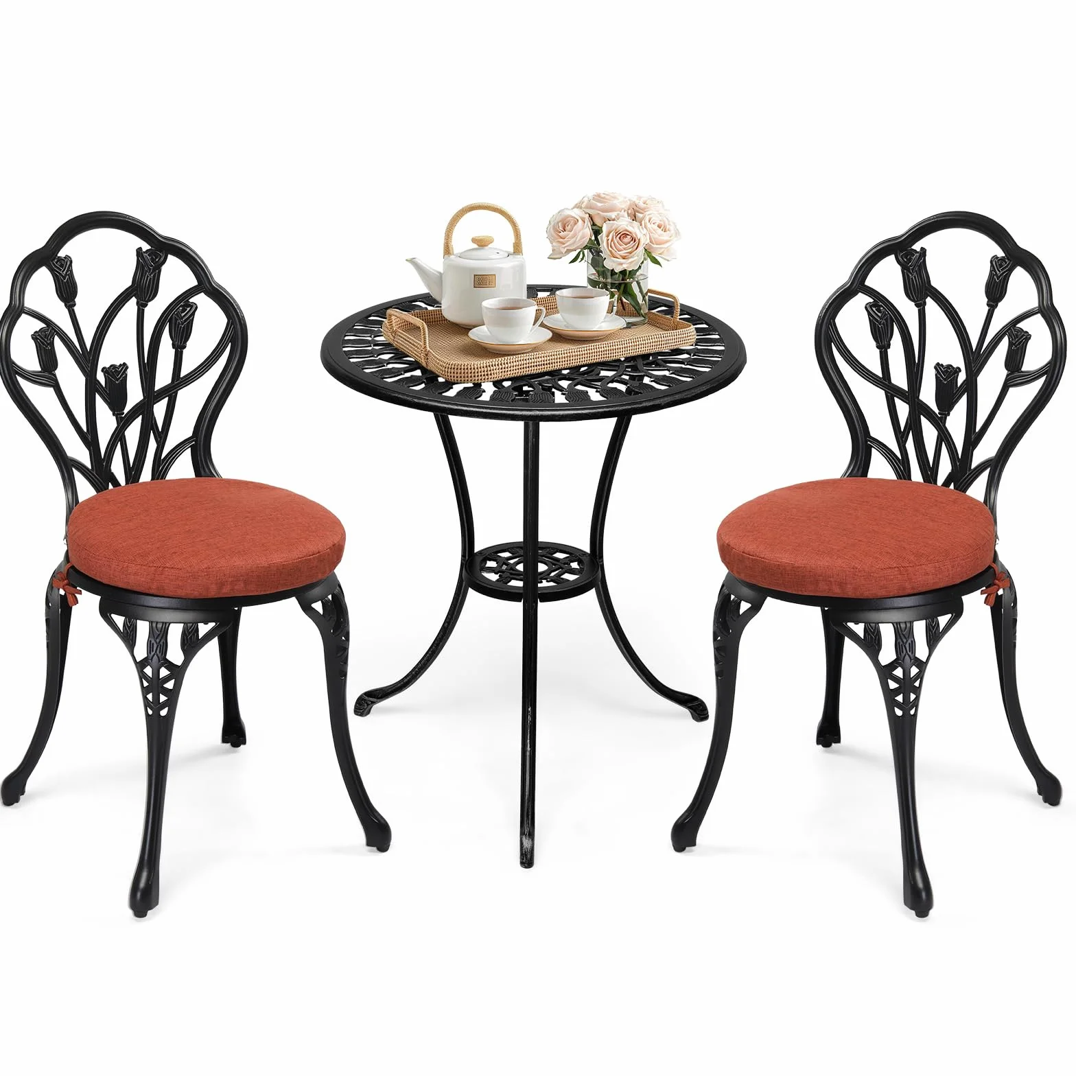 Bonnlo Juego Muebles de Jardín 3 Piezas Aluminio Fundido Mesa Redonda 2 Sillas Exterior Terraza Negro