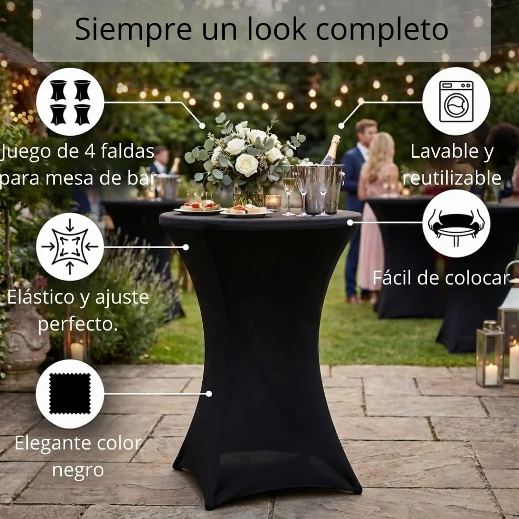Saaf Faldas de Mesa de Lujo Negro - Juego de 4 - Funda Elástica Lavable para Mesa de 80-85cm
