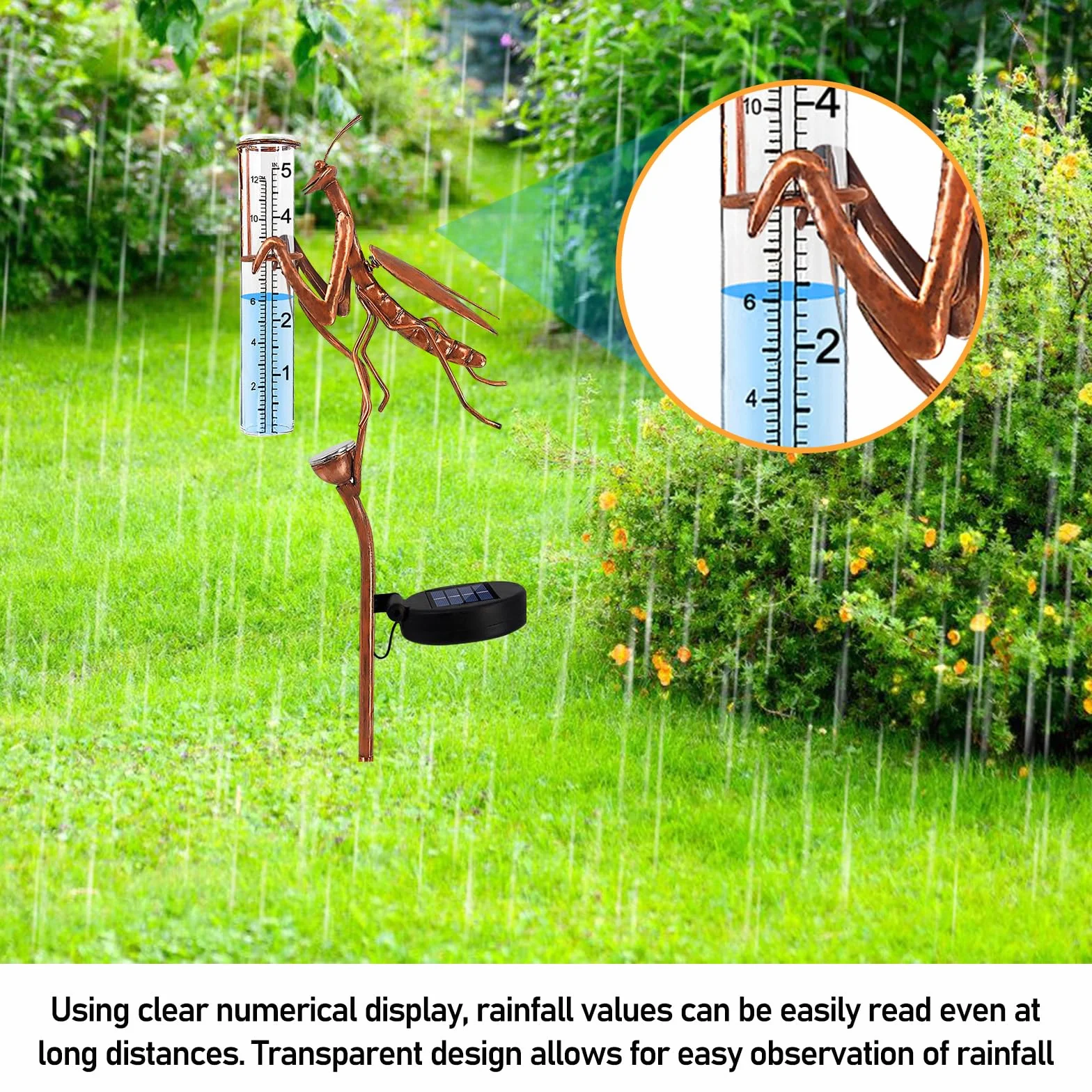 PORFOYO Pluviómetro de jardín resistente a las heladas IP55 varilla 61 cm lámpara solar decorativa