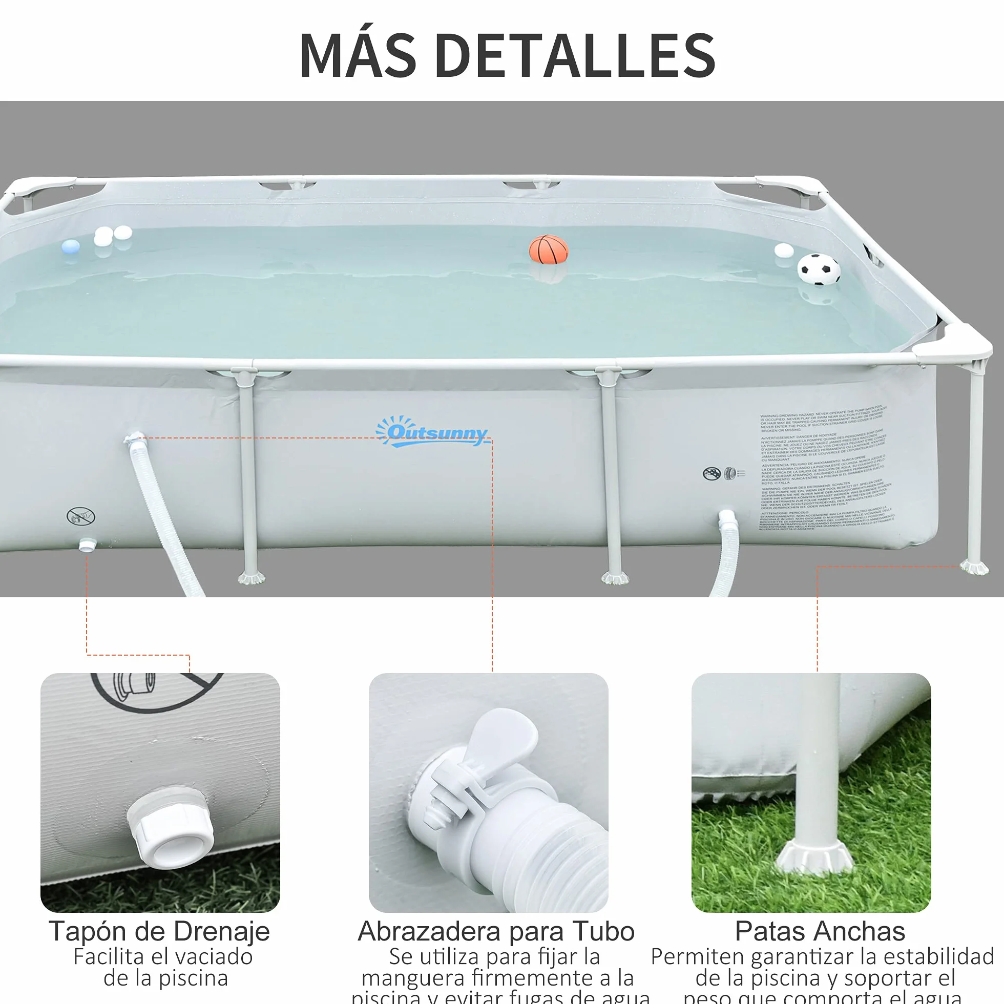 Outsunny Piscina Desmontable Tubular 252x152x65 cm 2163L con Depuradora 1200L/H Rectangular Exterior Gris
