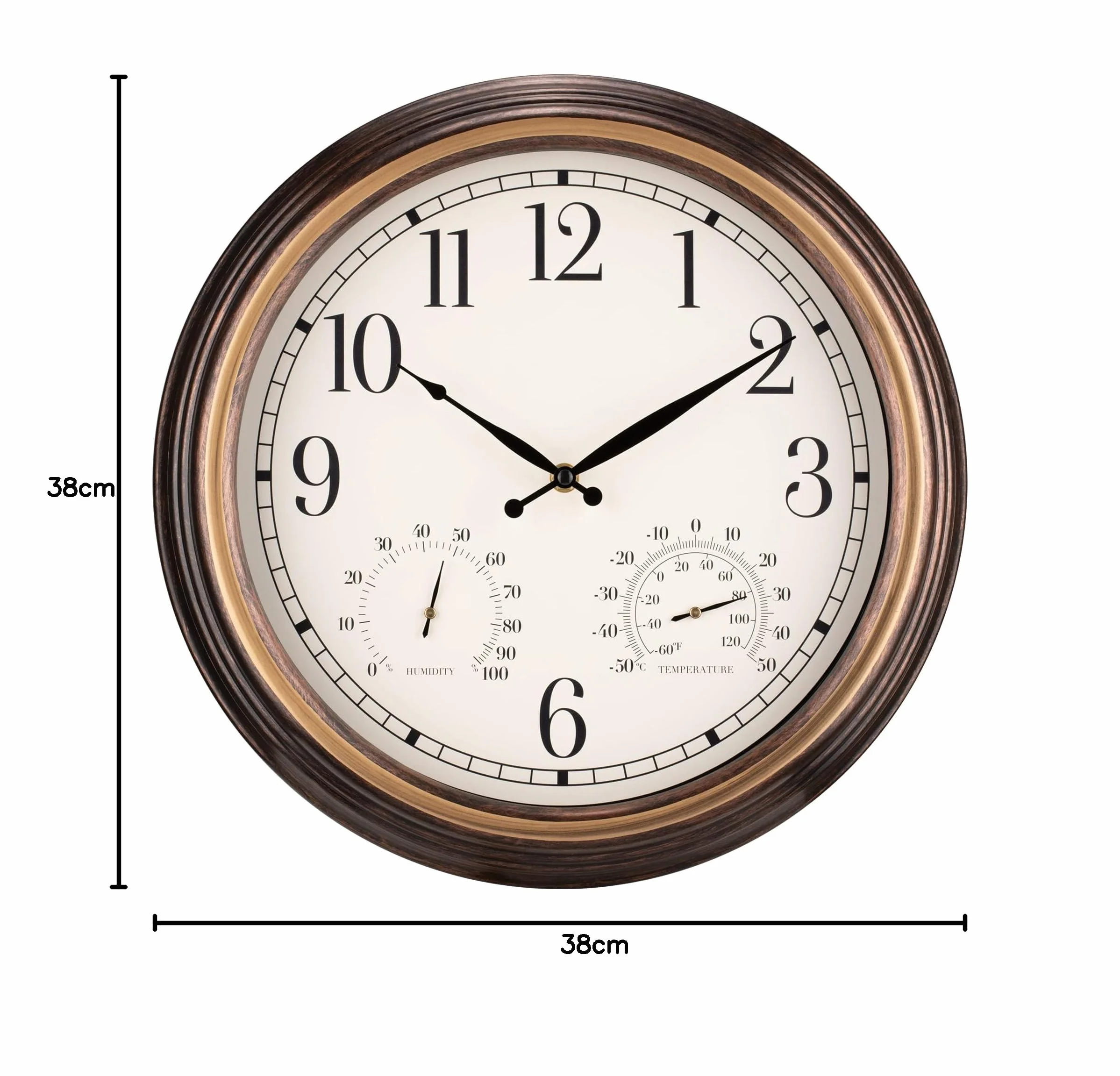Navaris Reloj de Pared Vintage Redondo 38,1 cm Impermeable Exteriores Silencioso Termómetro Humedad Marrón