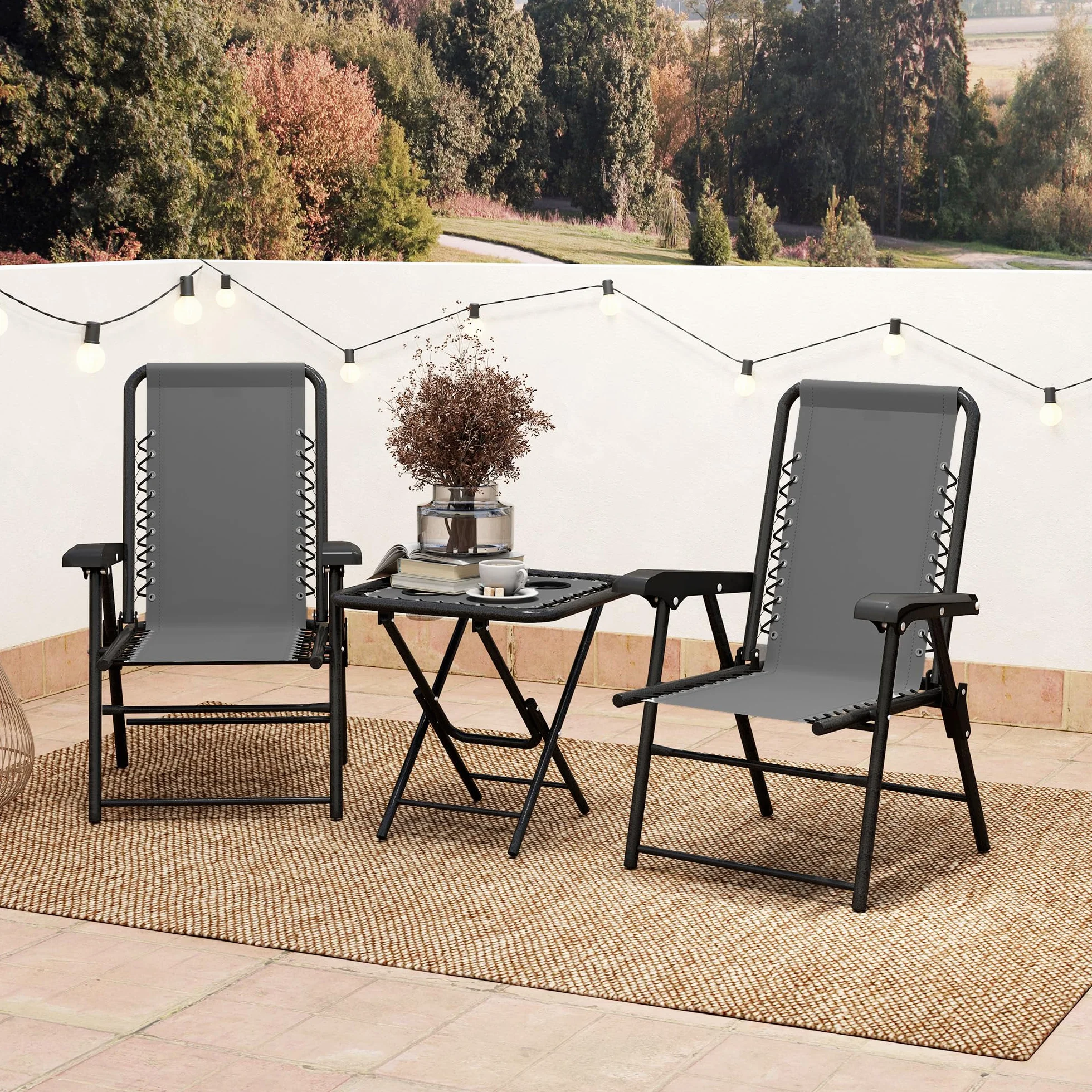 Outsunny Conjunto de Mesa y Sillas de Terraza Exterior 3 Piezas Plegables con Estructura de Acero Gris Oscuro