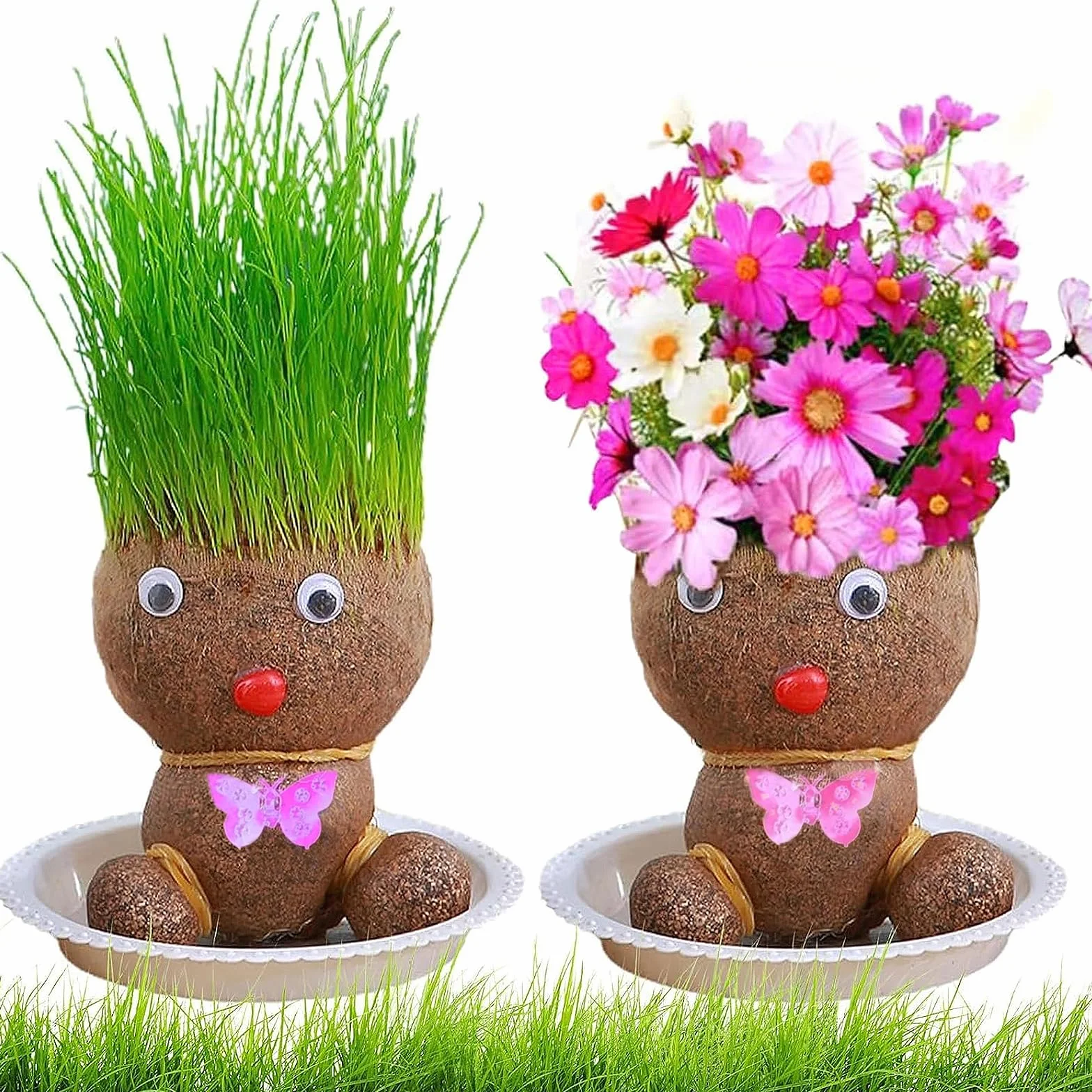 Maceta Cabeza de Muñeca Planta de Hierba con Bandeja, Set de 2, Plantas en Maceta para Niños