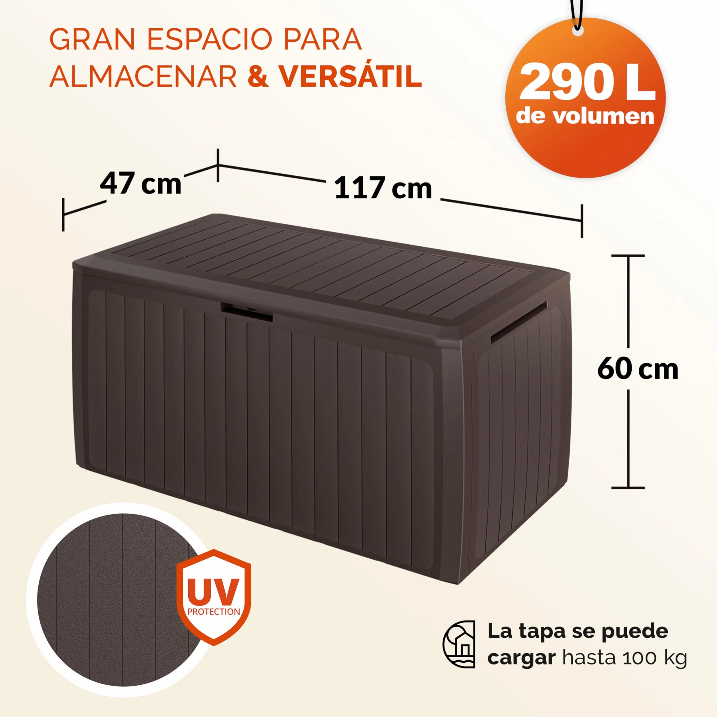 CASARIA Arcón Jardín Exterior Baúl Almacenaje 290L 6 Ruedas Asas Resistente Intemperie Rayos UV 117x47x60cm Marrón