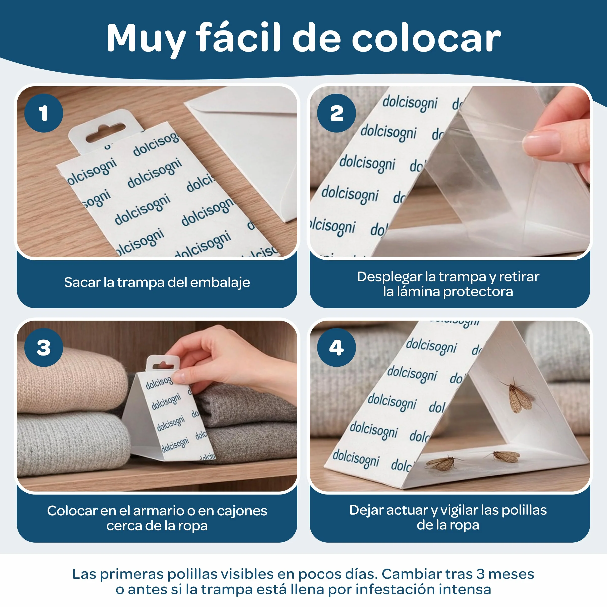 DOLCI SOGNI Antipolillas para Ropa Armario Sin Biocidas 8 Hojas Trampa Polillas Ropa Made in Germany Protección 3 Meses