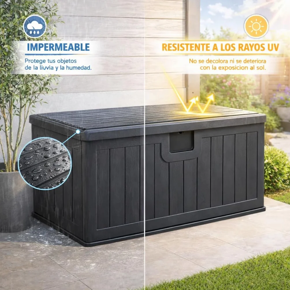 Baúl exterior almacenaje resina impermeable multiusos 410L | Arcón jardín resistente intemperie | Cofre organizador tapa asas