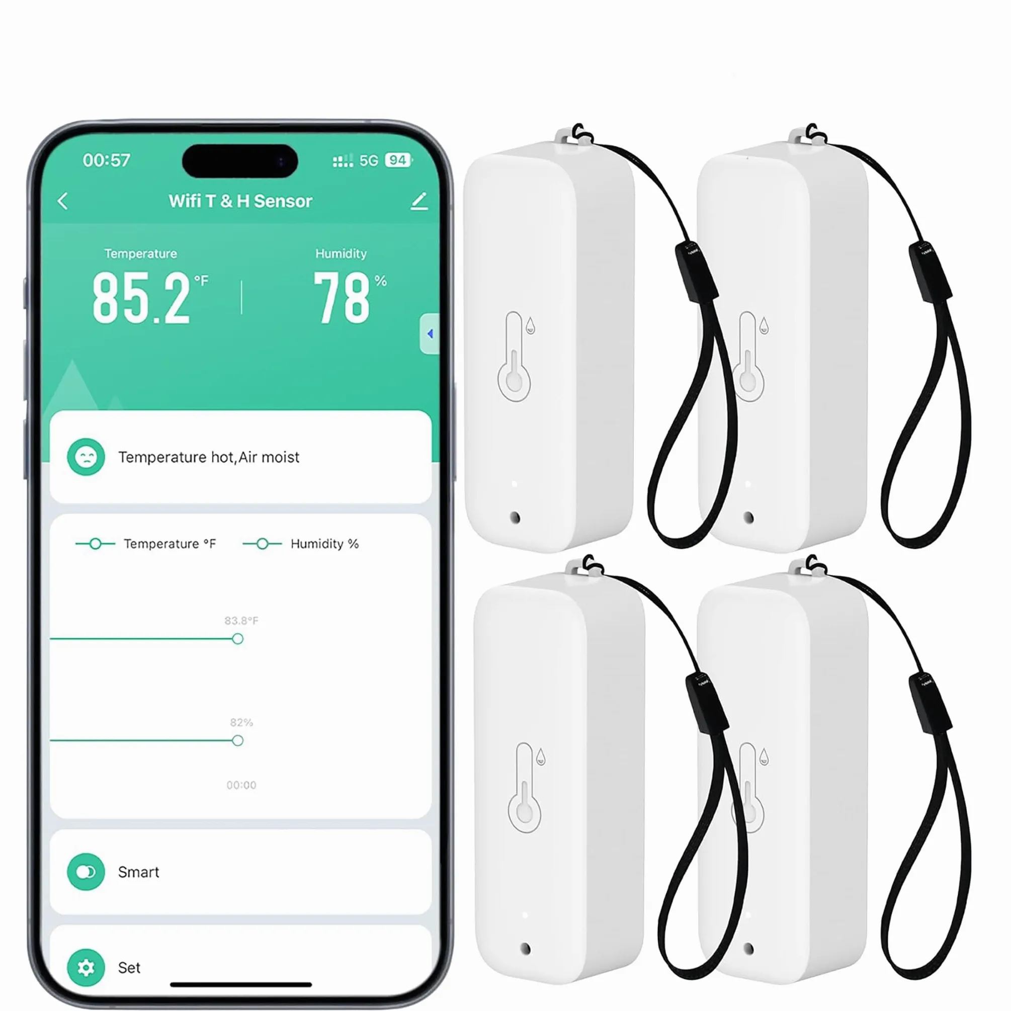 Sensor de termómetro e higrómetro Wifi, sensor de temperatura y humedad con alarma de notificación de aplicación remota, compatible con Alexa (4 pieza)