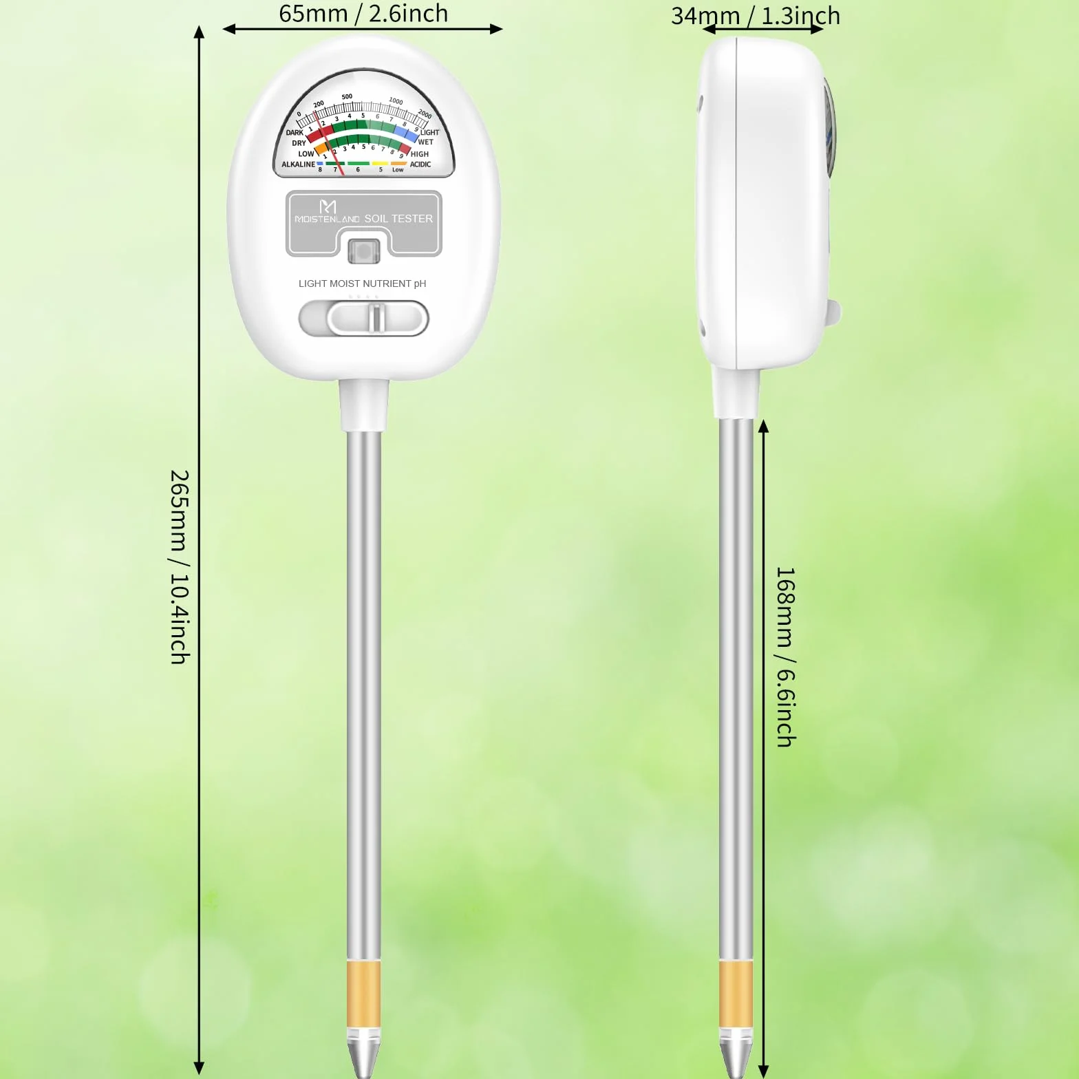Medidor de humedad del suelo pH 4 en 1, luz, nutrientes, sin pilas para jardinería