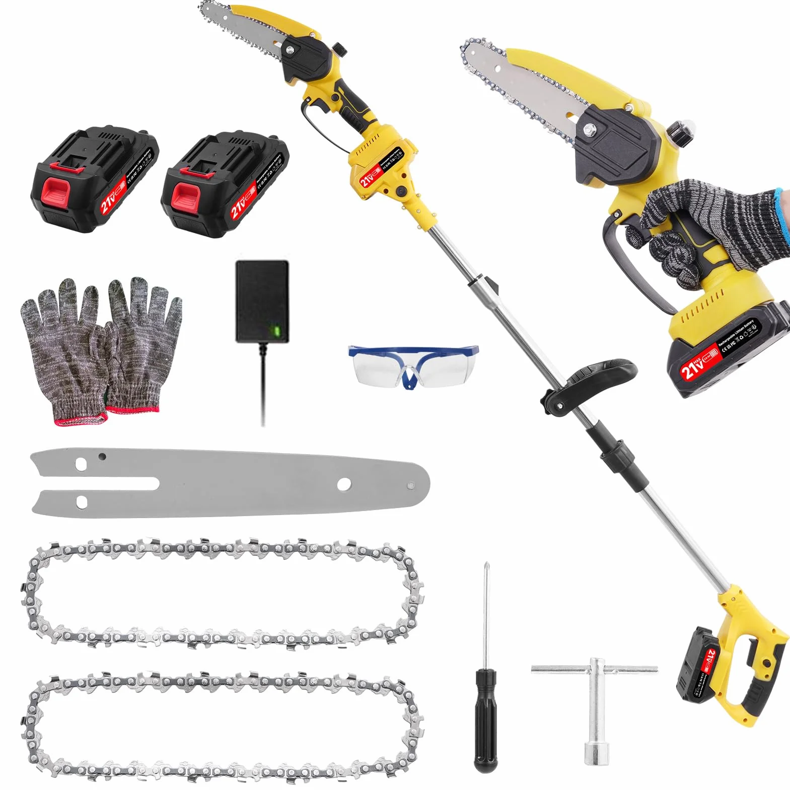 21V Akku Teleskop Hochentaster, 6 Zoll Hochentaster Akku Elektrisch,2-in-1 Teleskop Astsäge Astschere mit 2 x 2000mAh, Handkettensäge für Gartenscheren Astschere Holzschneidenz